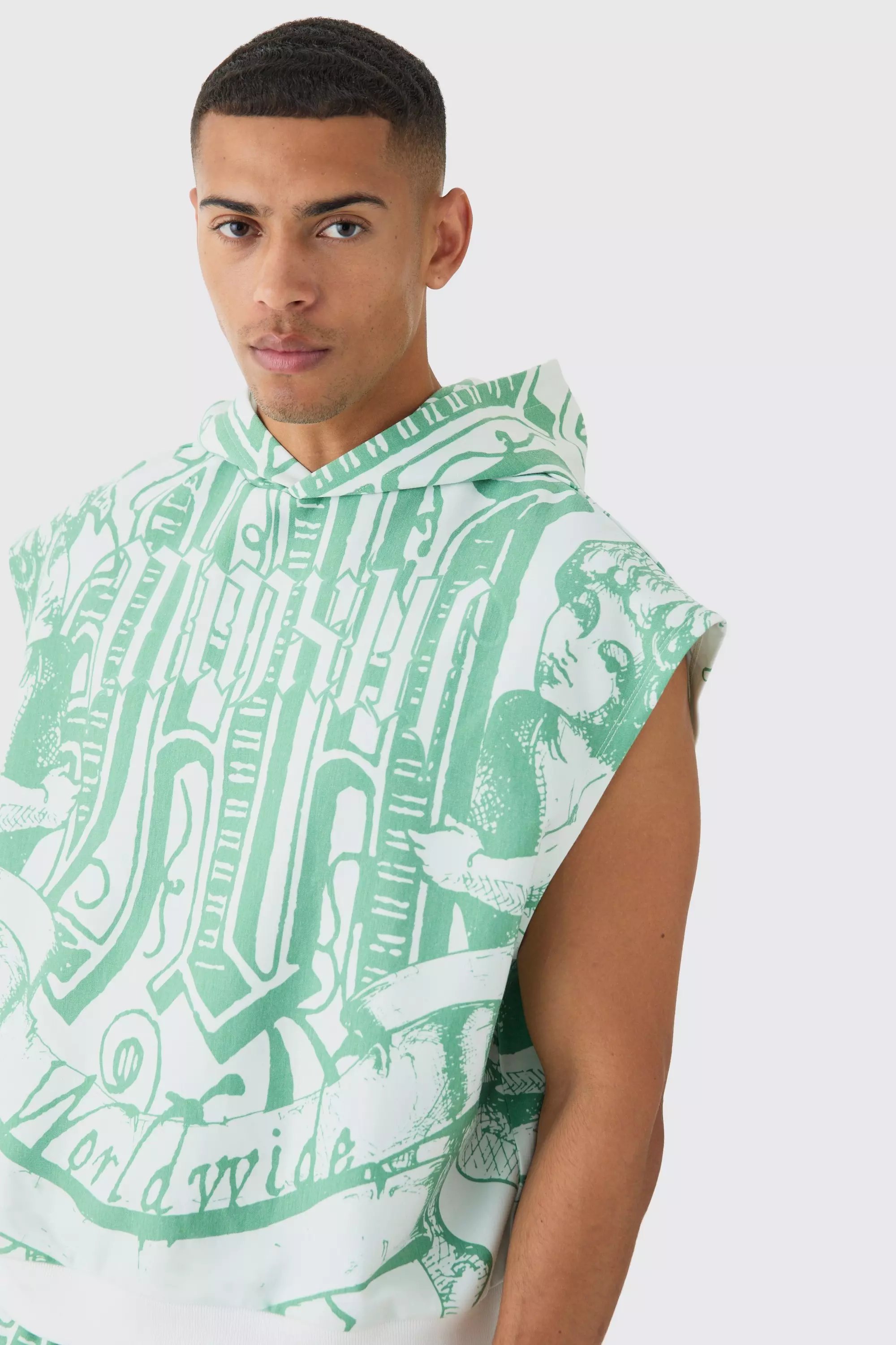 Green Oversized Boxy All Over Printed Interlock Hoodie alternative image