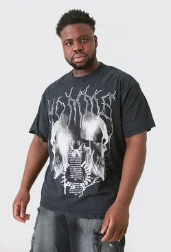 Plus Distressed Oversized Acid Wash Gothic Print T-shirt Charcoal