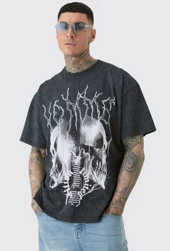 Tall Distressed Oversized Acid Wash Gothic Print T-shirt Charcoal