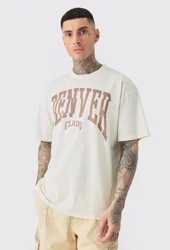 Tall Distressed Oversized Acid Wash Denver Varsity T-shirt Ecru