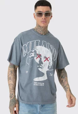 Tall Distressed Oversized Overdye Milano Graphic T-shirt Charcoal