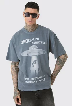 Charcoal Grey Tall Distressed Oversized Overdye Alien Graphic T-shirt