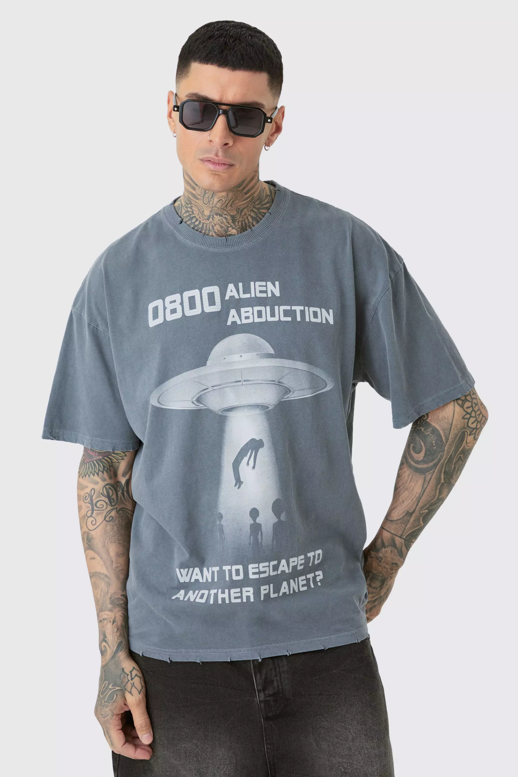 Tall Distressed Oversized Overdye Alien Graphic T-shirt Charcoal