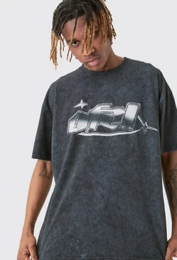 Charcoal Grey Tall Distressed Oversized Acid Wash Metallic Graphic T-shirt