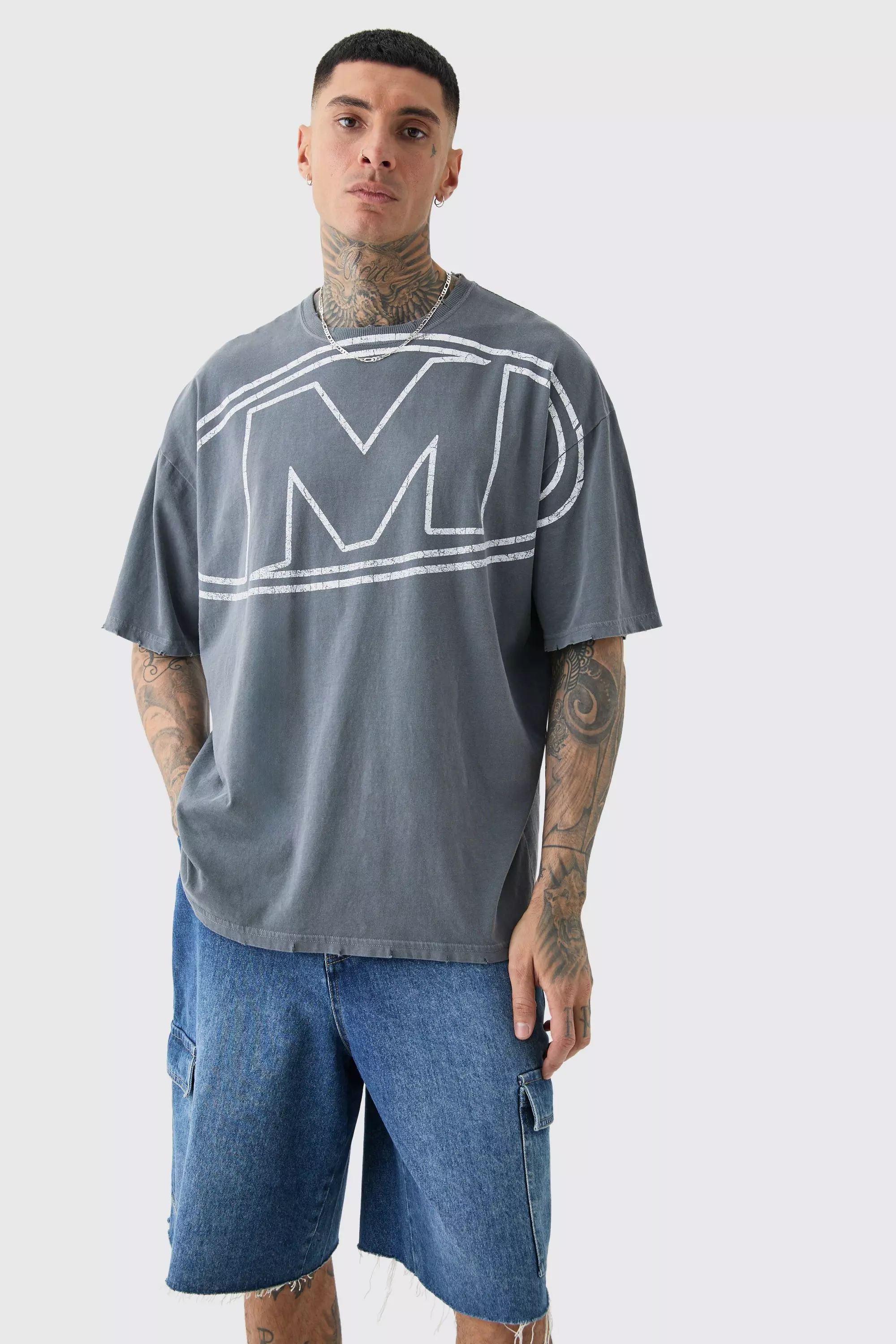 Tall Distressed Oversized Overdye Logo Graphic T-shirt Charcoal