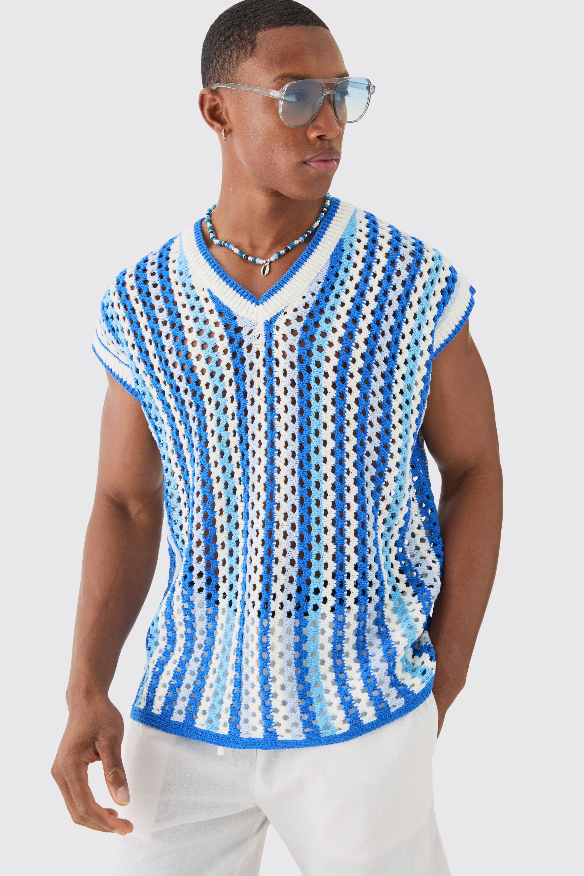 Boxy Oversized Open Stitch V Neck Stripe Sweater Vest | boohooMAN USA