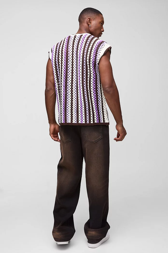 Boxy Oversized Open Stitch V Neck Stripe Sweater Vest Boxy Oversized Open Stitch V Neck Stripe Sweater Vest