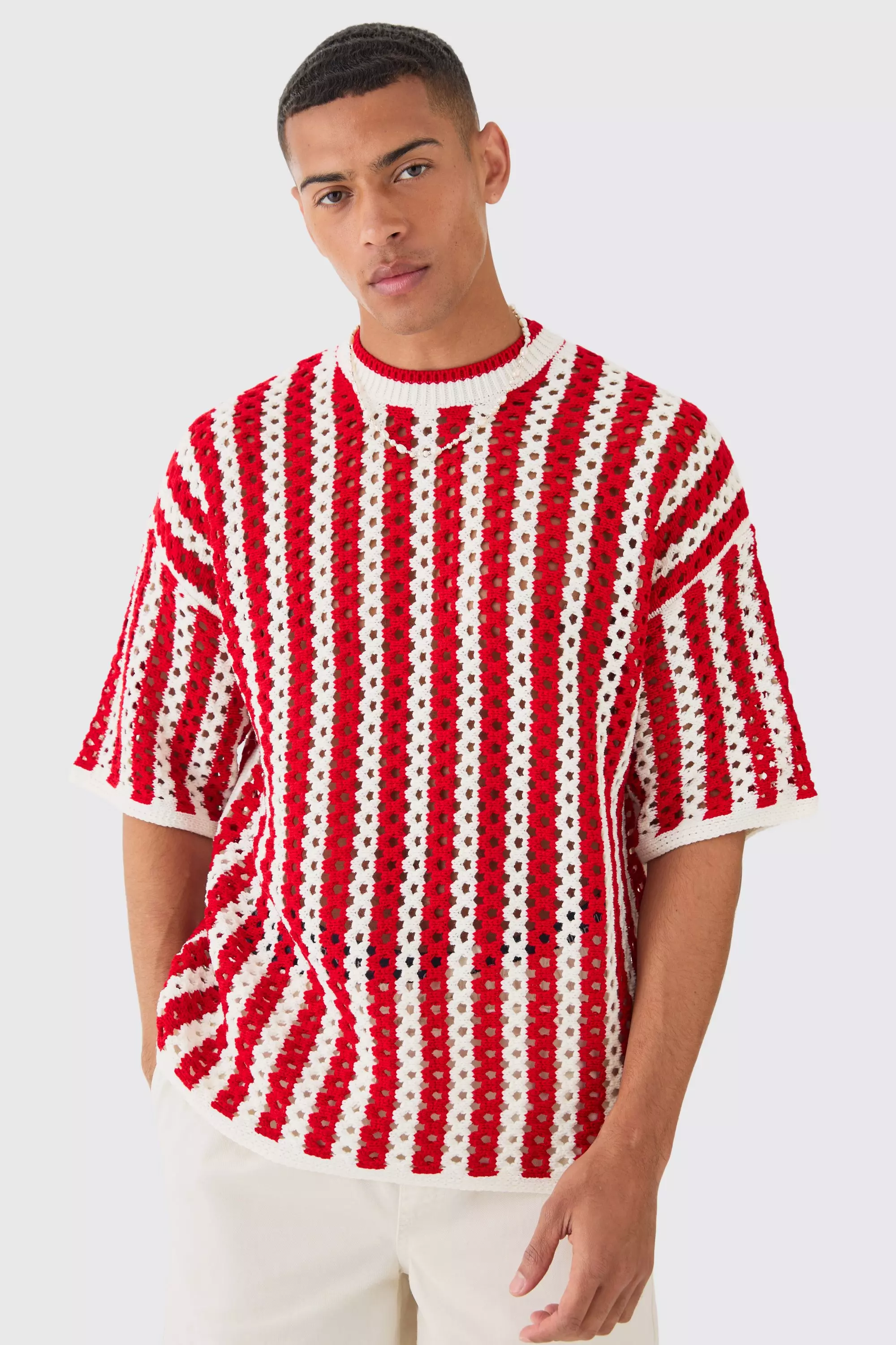 Oversized Open Stitch Stripe Knitted T-shirt Red