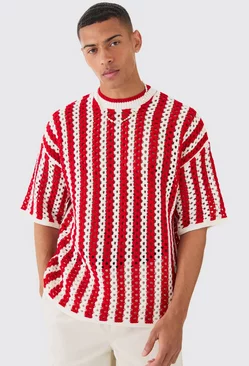 Oversized Open Stitch Stripe Knitted T-shirt Red