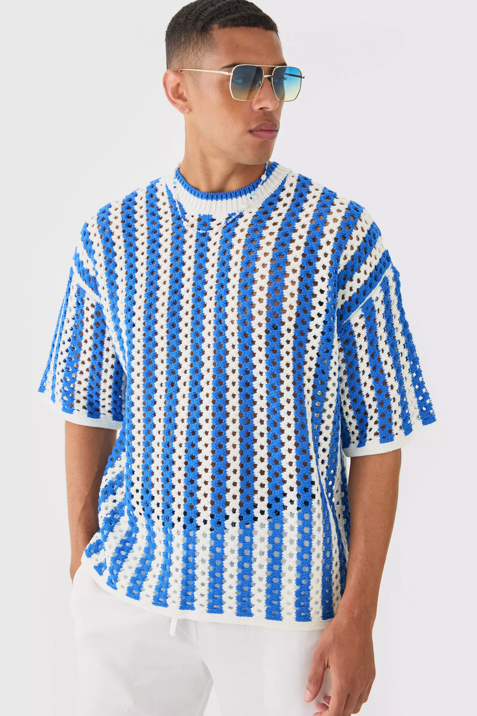 Oversized Open Stitch Stripe Knitted T-shirt Cobalt