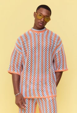 Oversized Open Stitch Stripe Knitted T-shirt Orange