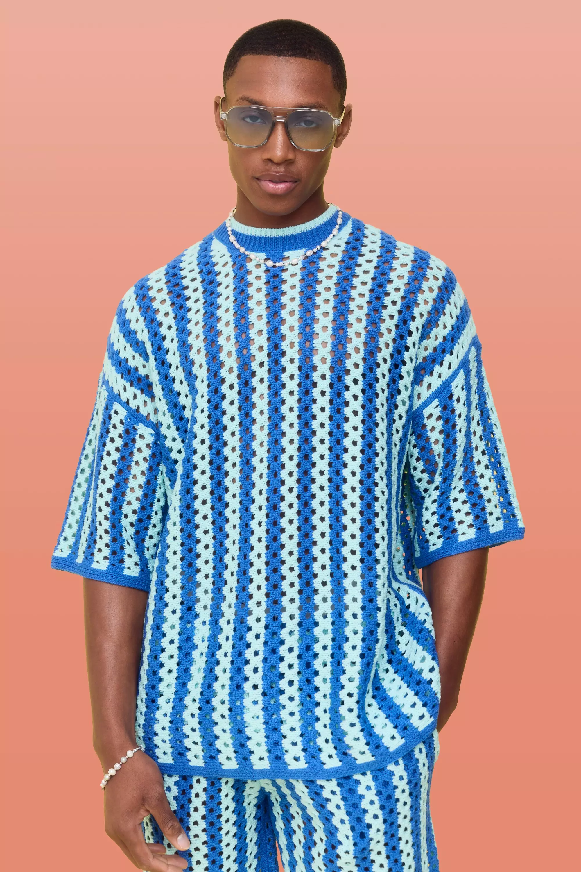 Light blue Oversized Open Stitch Stripe Knitted T-shirt alternative image