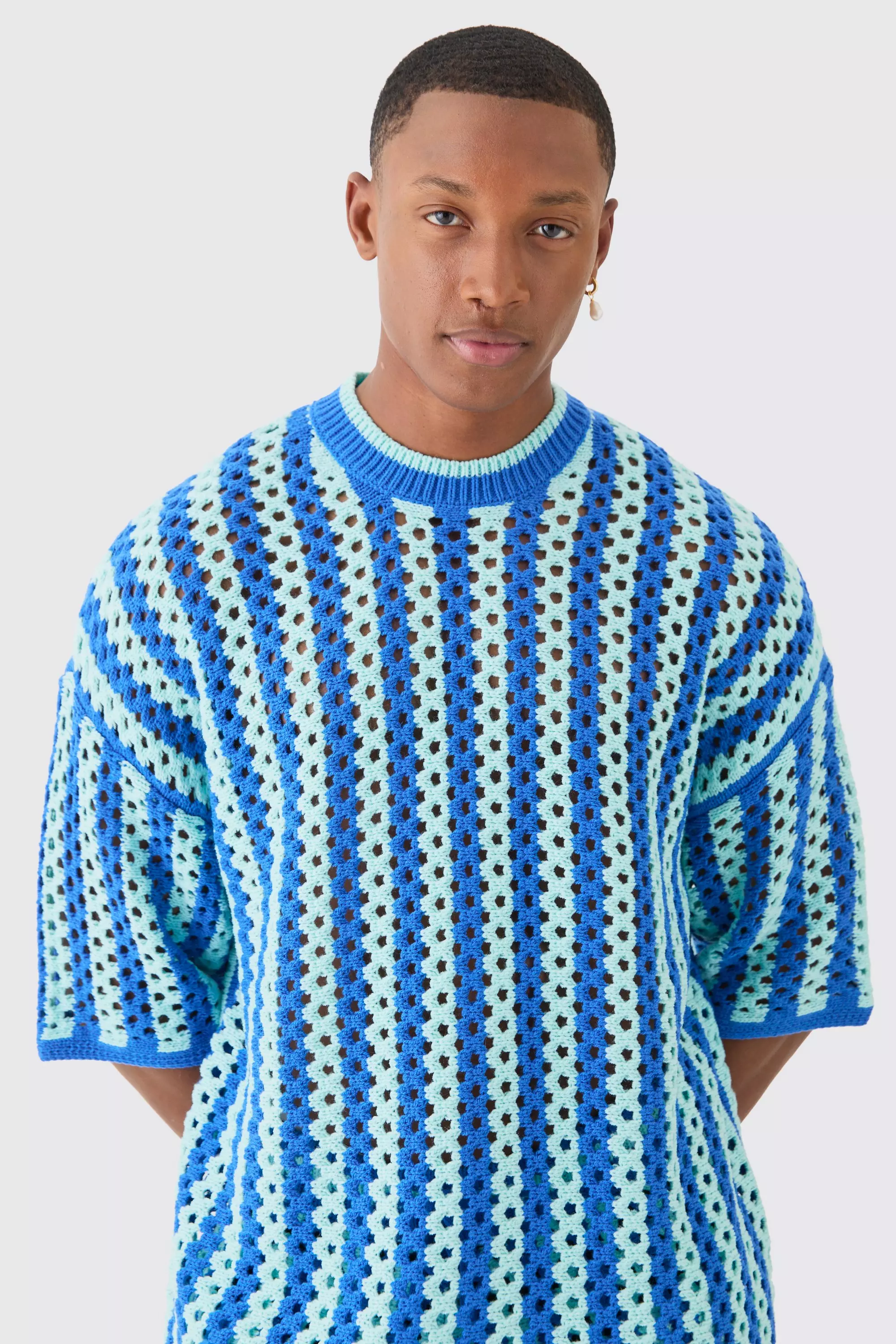 Light blue Oversized Open Stitch Stripe Knitted T-shirt alternative image