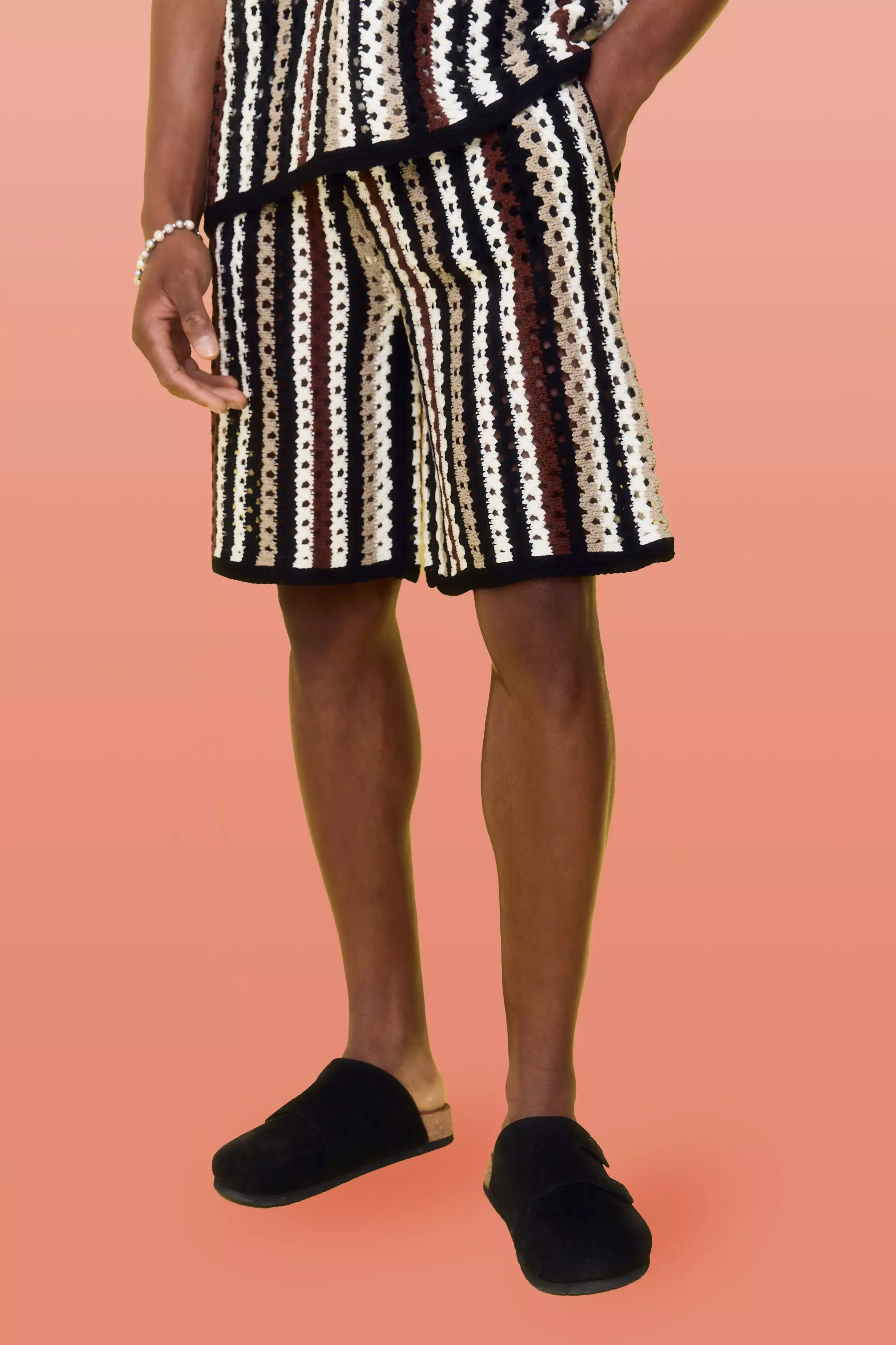 Chocolate Relaxed Open Stitch Stripe Knitted Shorts alternative image