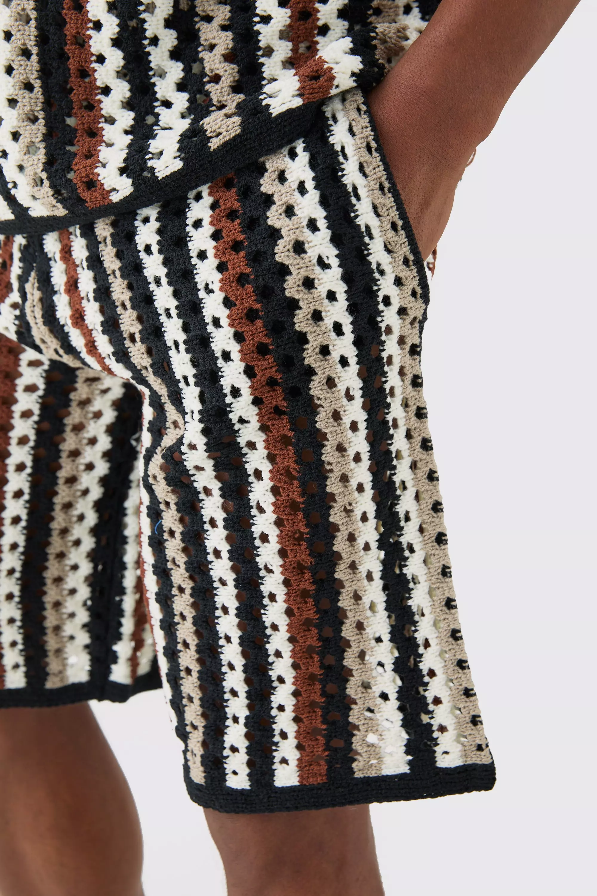 Chocolate Relaxed Open Stitch Stripe Knitted Shorts alternative image