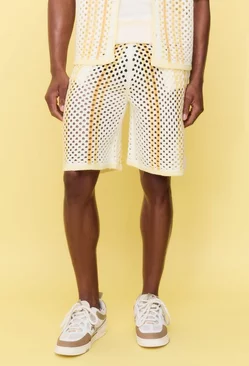 White Relaxed Open Stitch Stripe Knitted Shorts