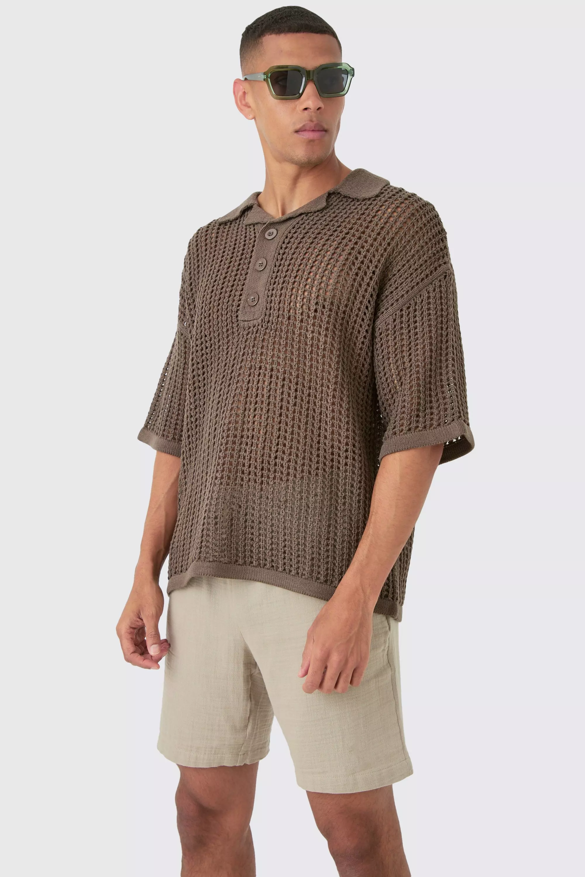 Oversized Open Stitch Deep Revere Knit Polo Chocolate