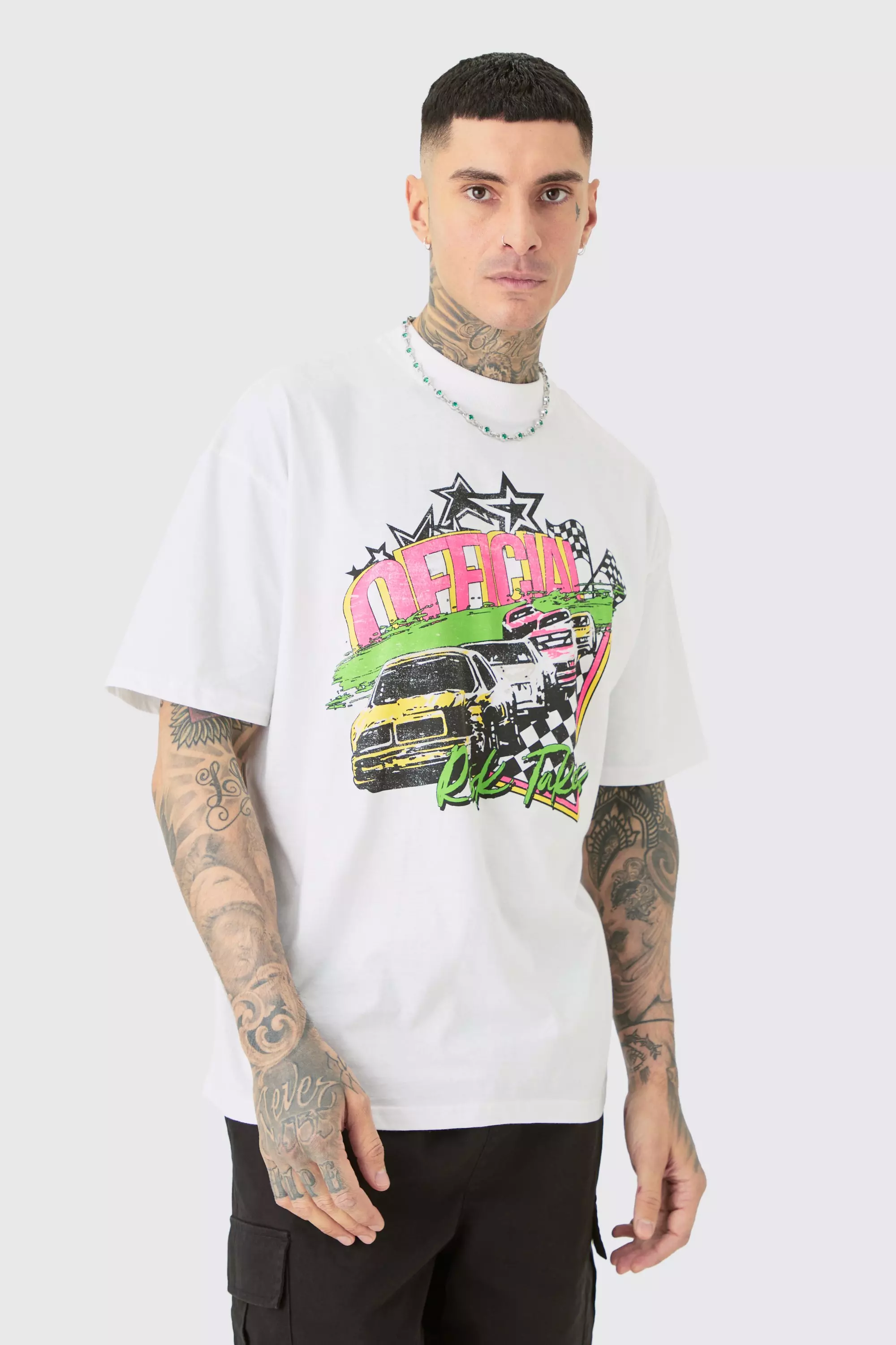 Tall Oversized Neon Moto T-shirt White