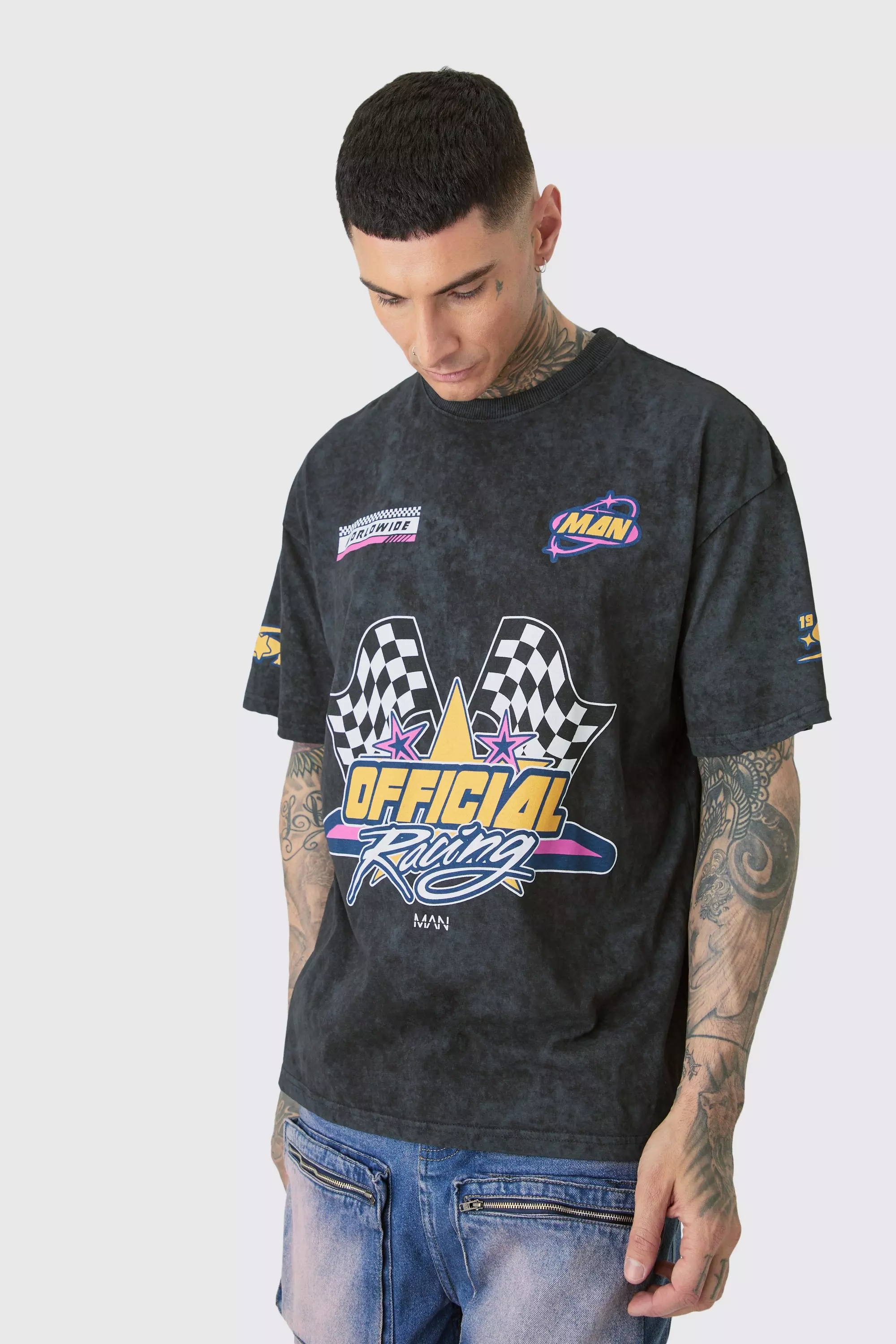 Tall Oversized Overdye Moto Graphic T-shirt Charcoal