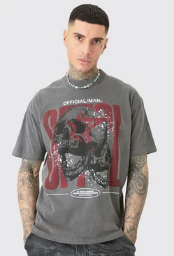 Charcoal Grey Tall Acid Wash Offcl Skull Graphic T-shirt