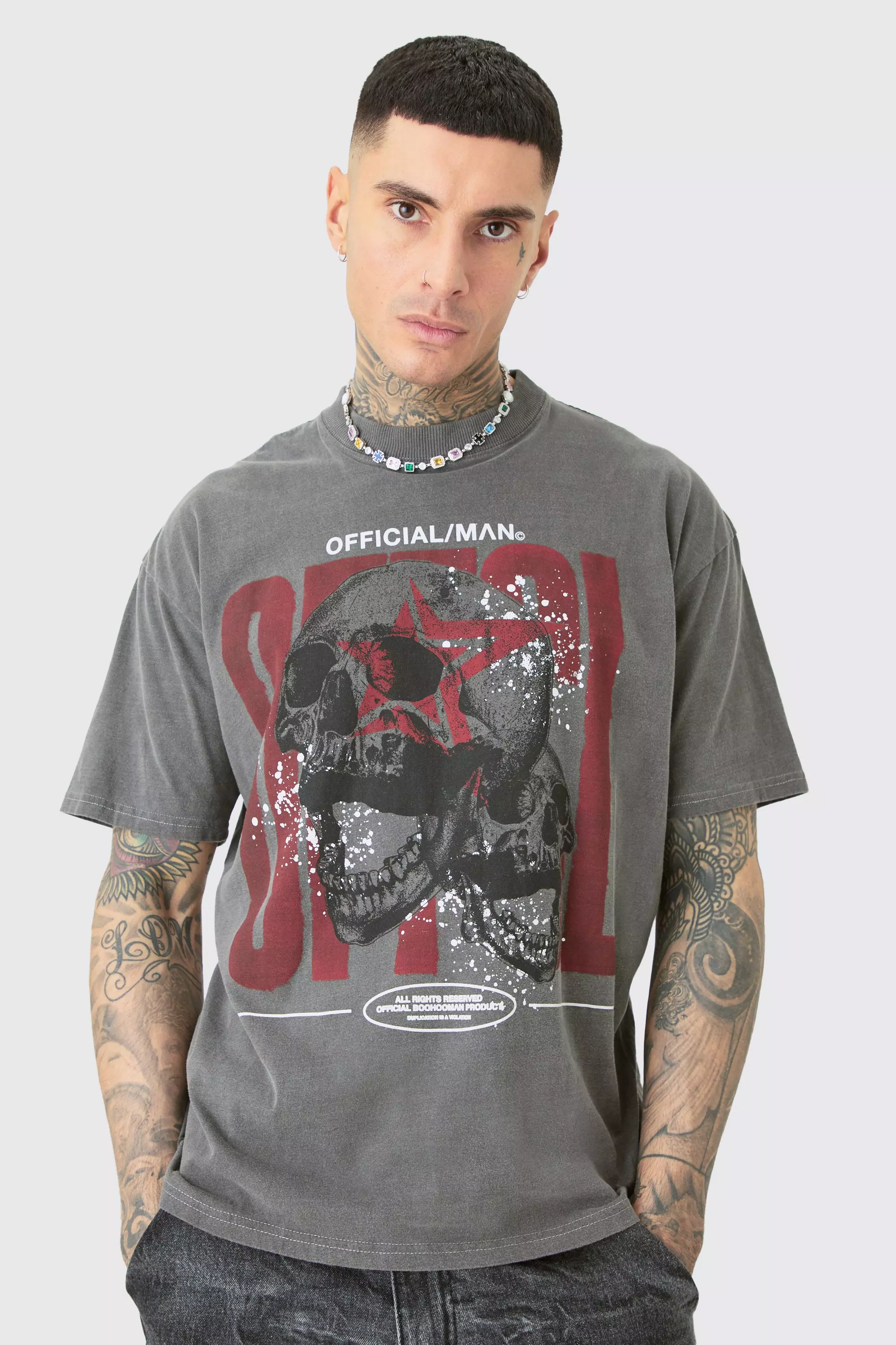 Tall Acid Wash Offcl Skull Graphic T-shirt Charcoal