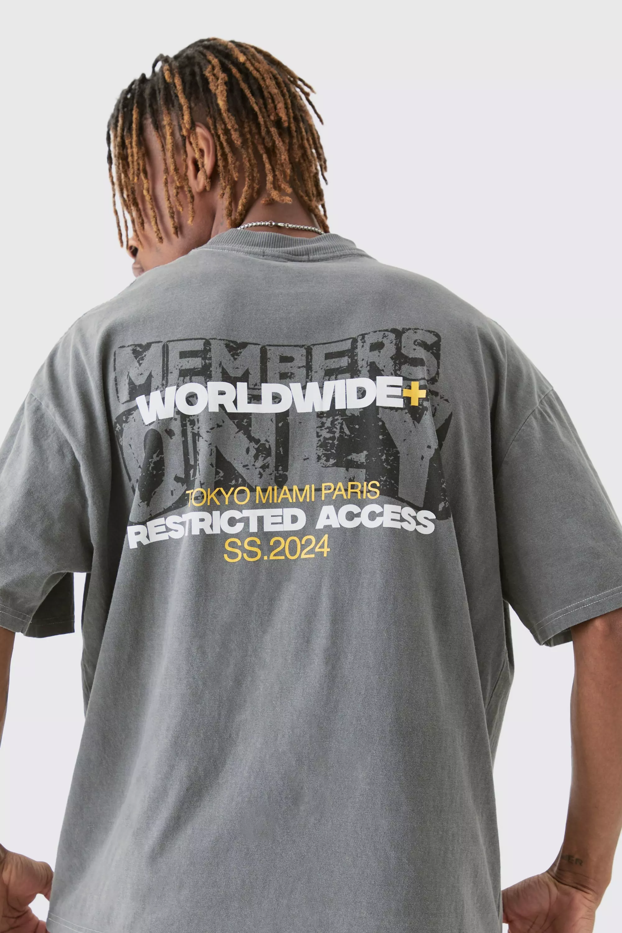 Tall Overdye Wash Worldwide Back Printed T-shirt Charcoal