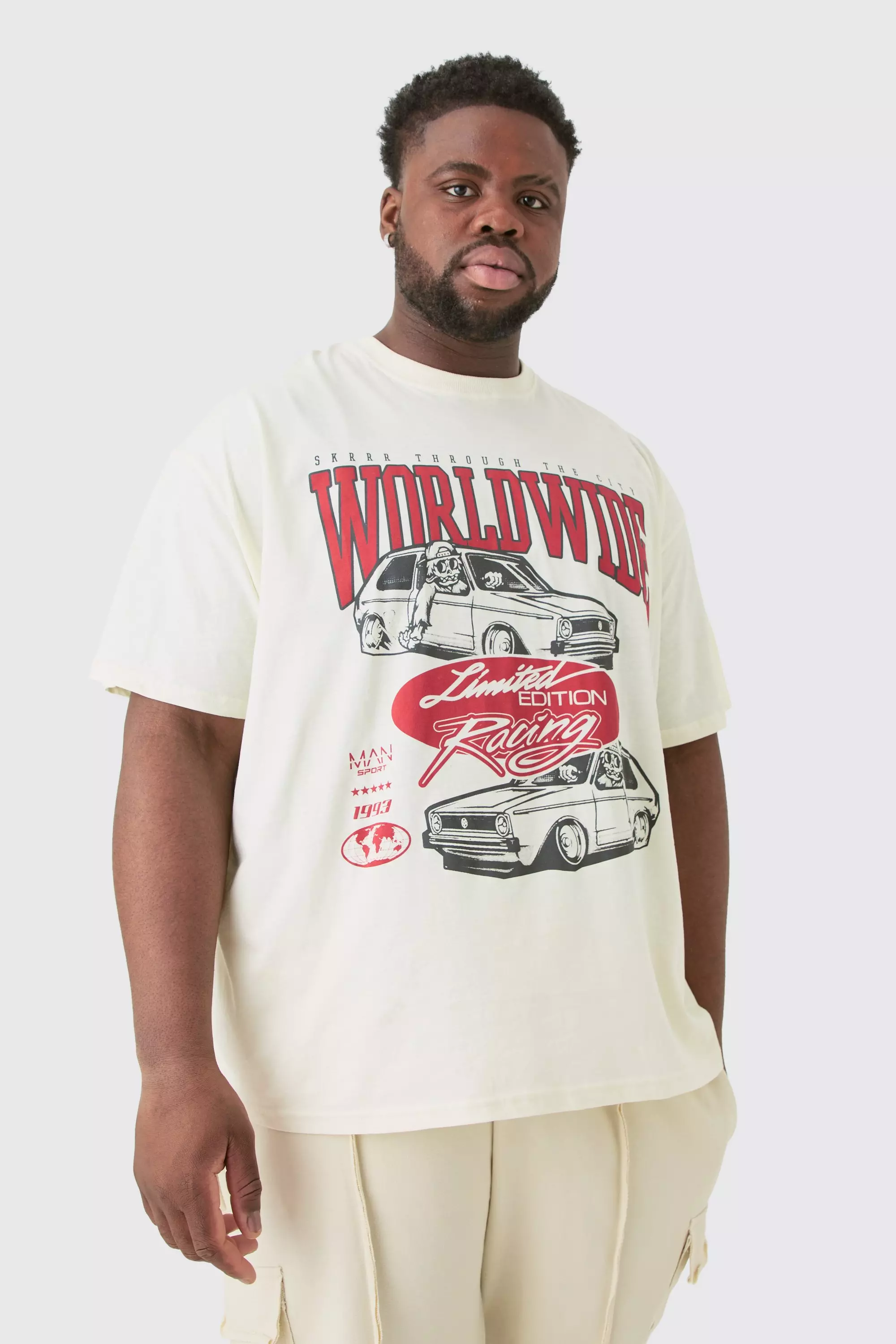 Ecru White Plus Oversized Car Graphic T-shirt