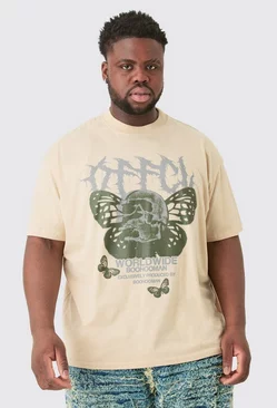 Sand Beige Plus Butterfly Skull Graphic T-shirt