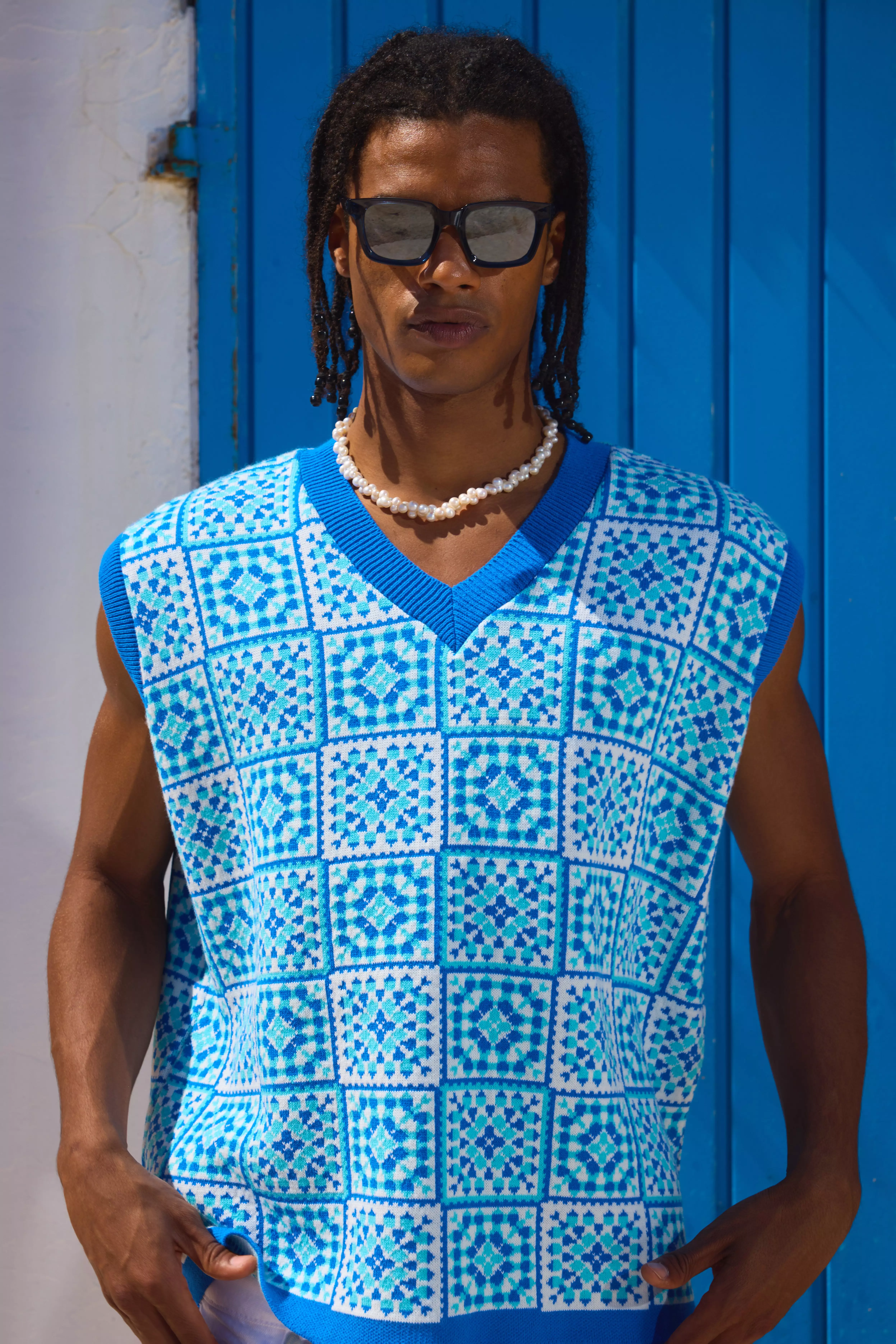 Blue Oversized V Neck Crochet Knitted Tank alternative image
