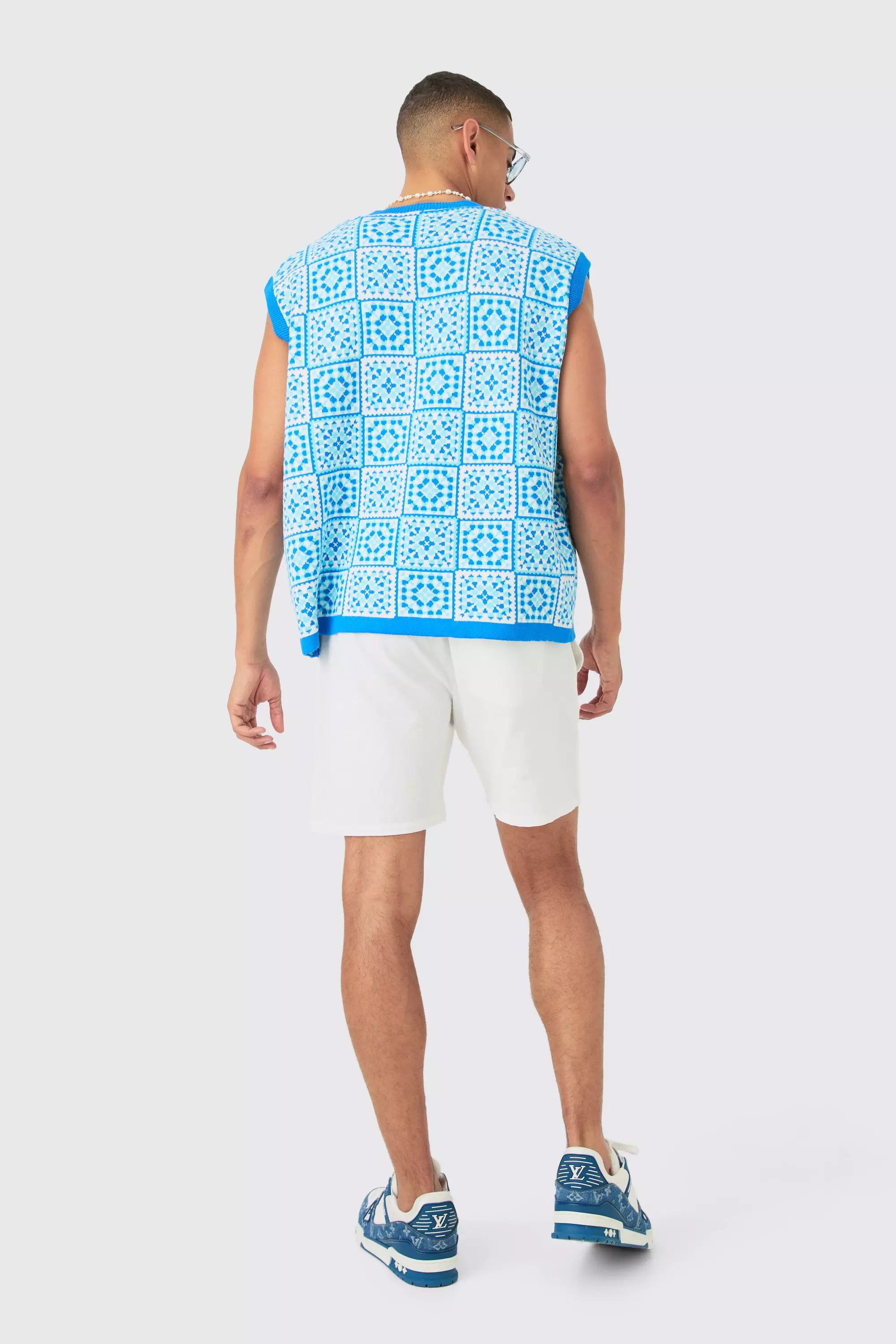 Blue Oversized V Neck Crochet Knitted Tank alternative image