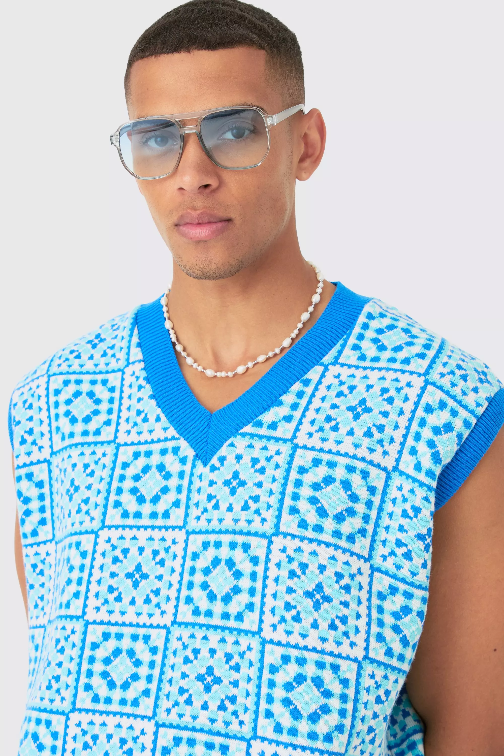 Blue Oversized V Neck Crochet Knitted Tank alternative image