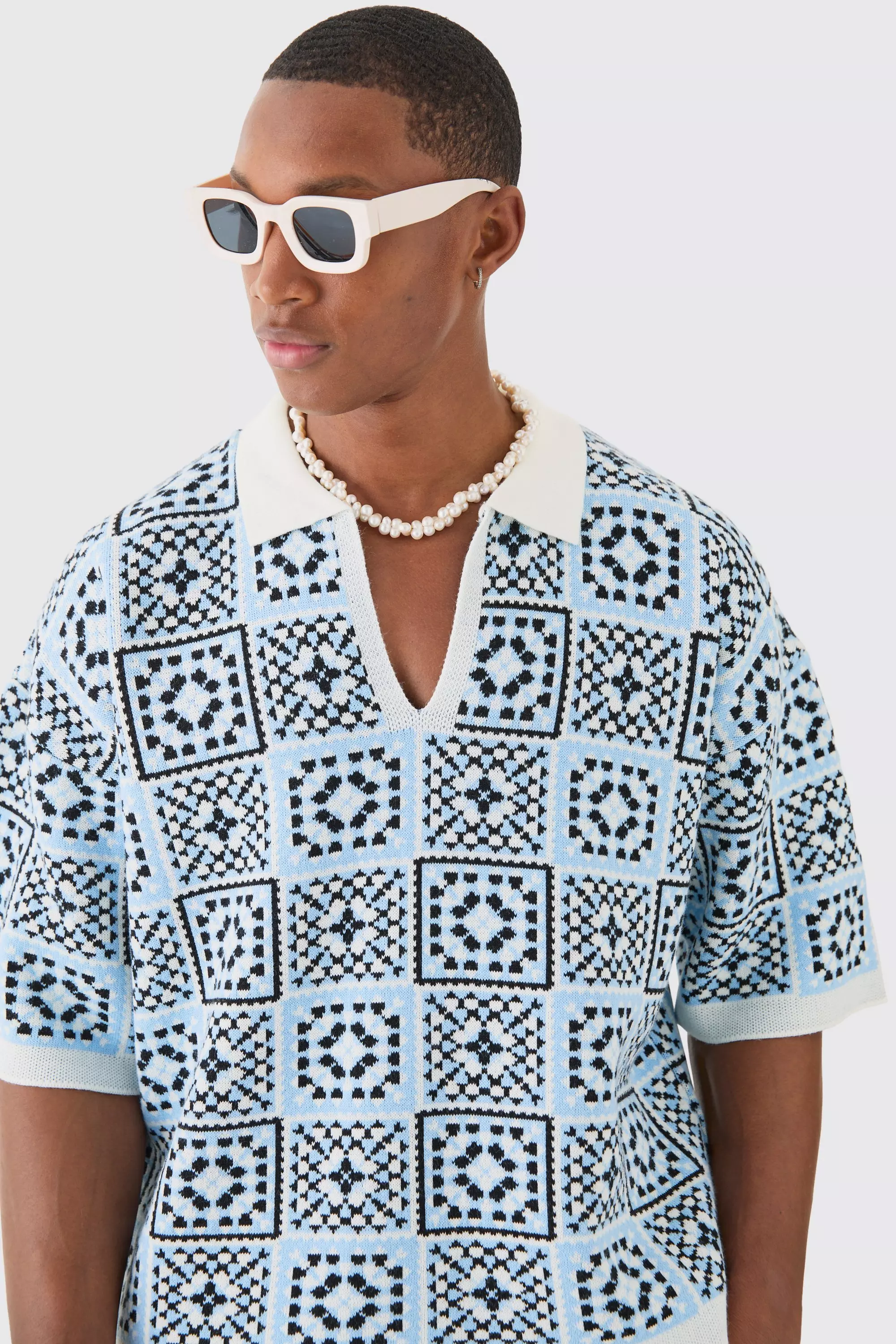 Oversized Boxy Crochet Knitted Polo | boohooMAN USA