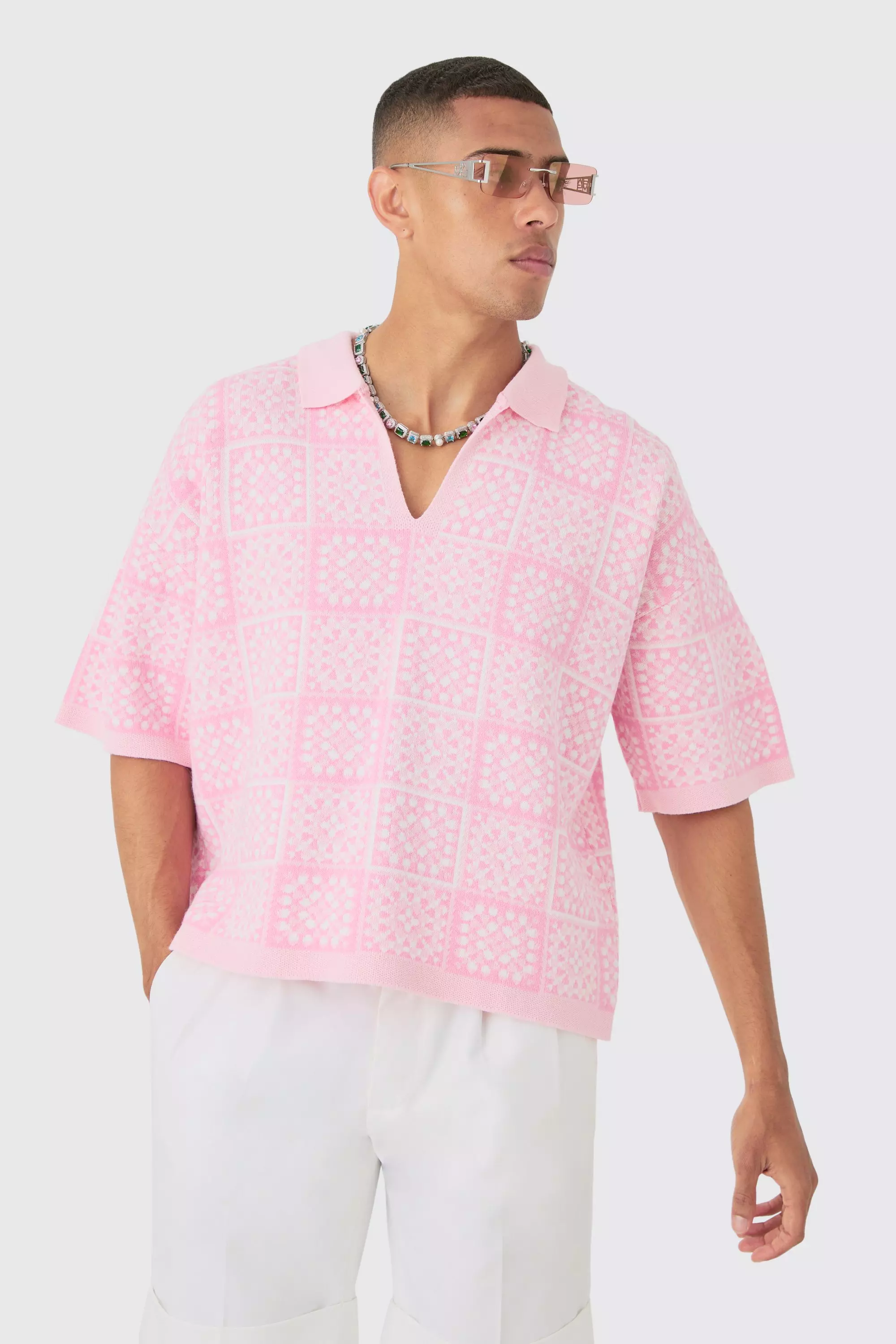 Oversized Boxy Crochet Look V Neck Collar Knitted Polo