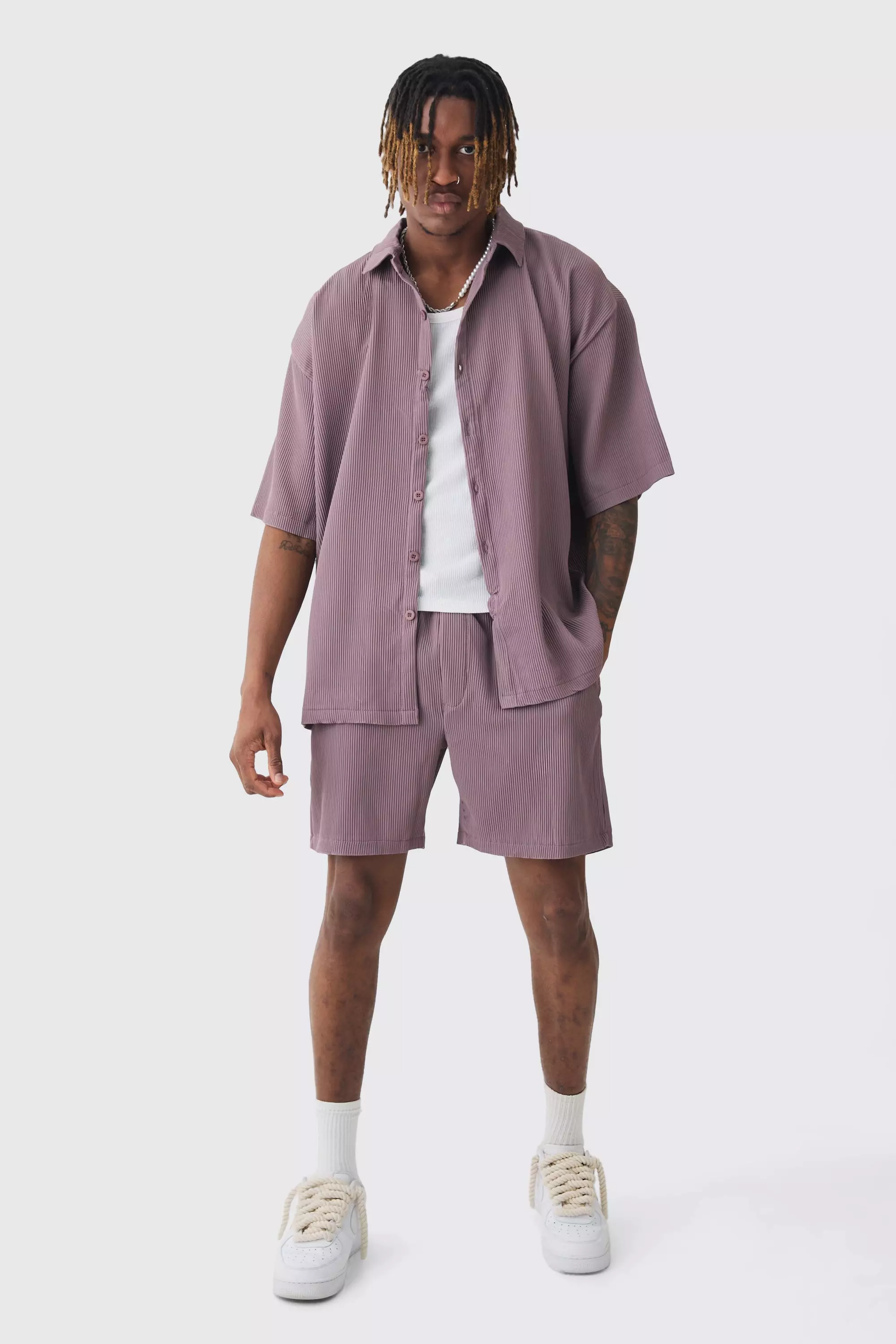 Tall Oversized Short Sleeve Pleated Shirt & Short Set In Mauve Mauve