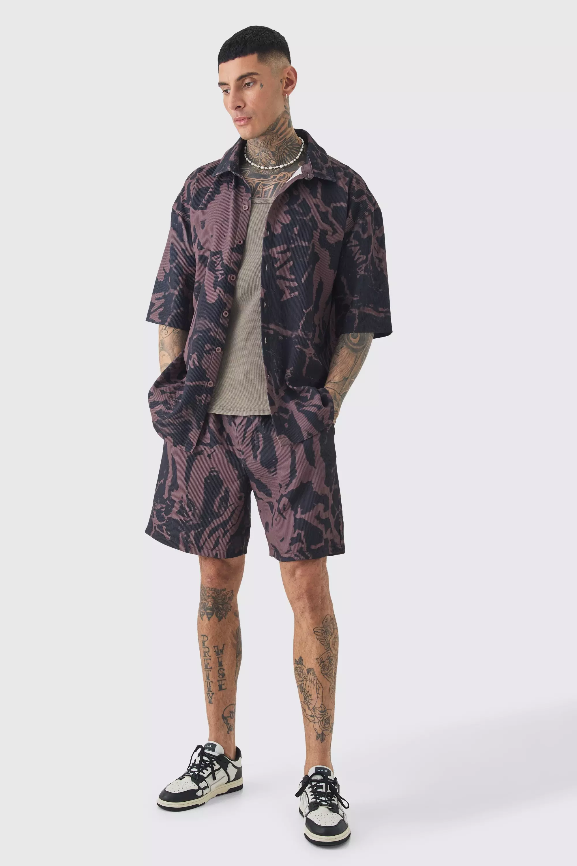 Tall Abstract Printed Oversized Short Sleeve Pleated Shirt & Short Set Chocolate