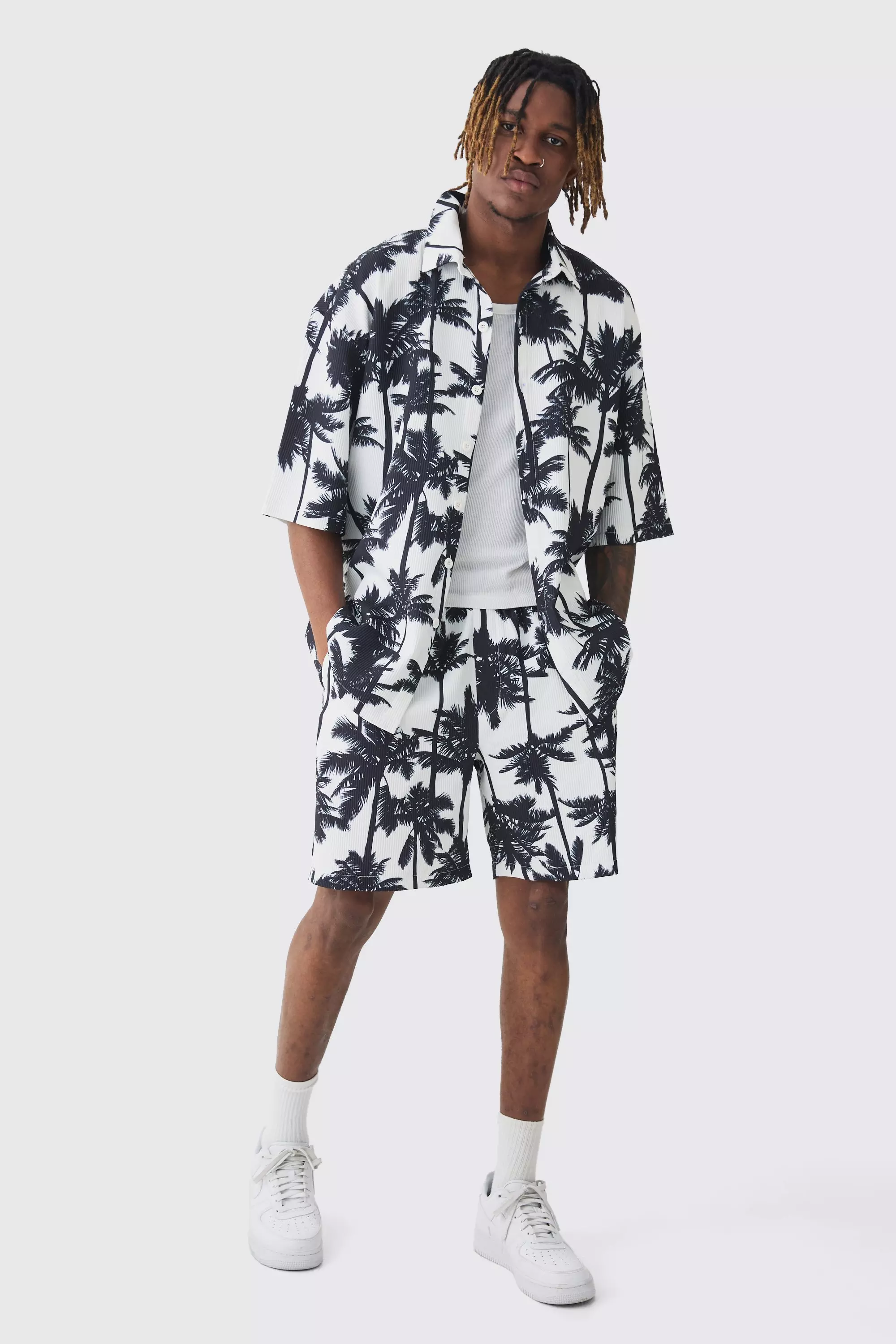 Tall Palm Printed Oversized Short Sleeve Pleated Shirt & Short Set Stone