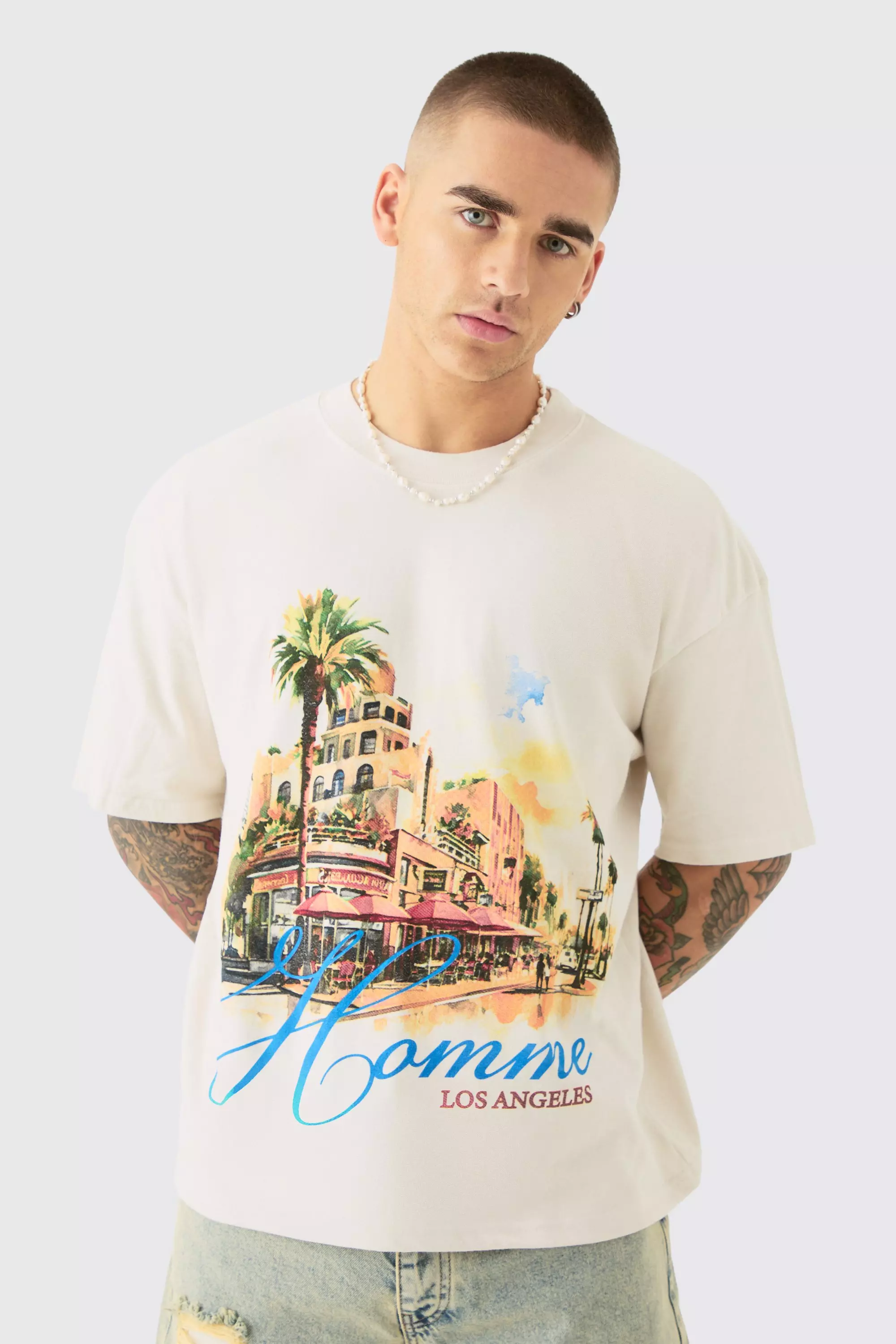 Oversized Boxy Homme Landscape Print Wash T-shirt Ecru