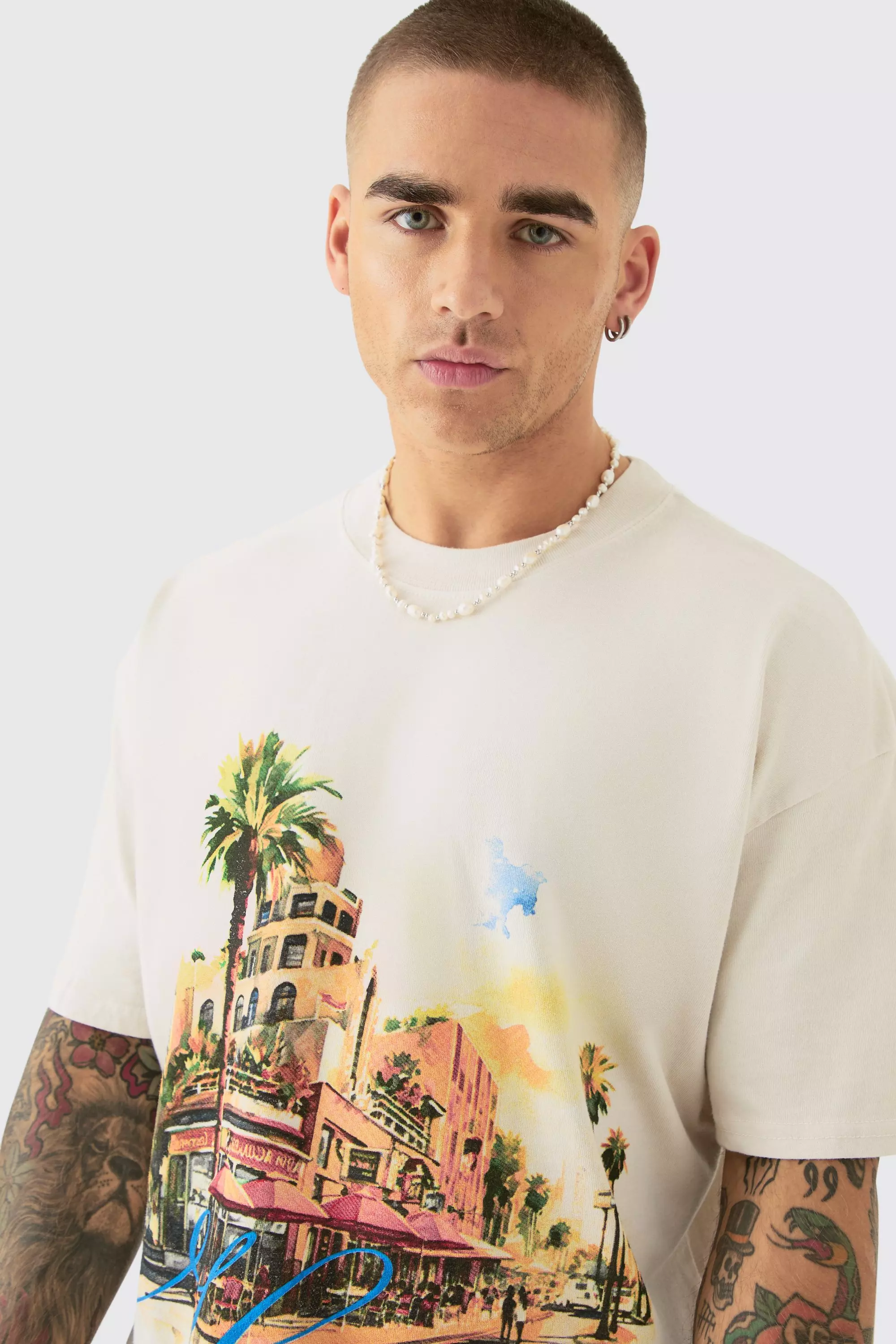 Oversized Boxy Homme Landscape Print Wash T-shirt