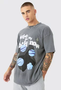 Oversized Washed Space Puff Print T-shirt Charcoal