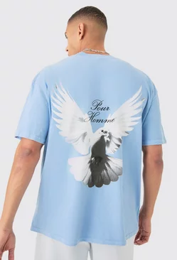 Oversized Extended Neck Dove Washed T-shirt Blue