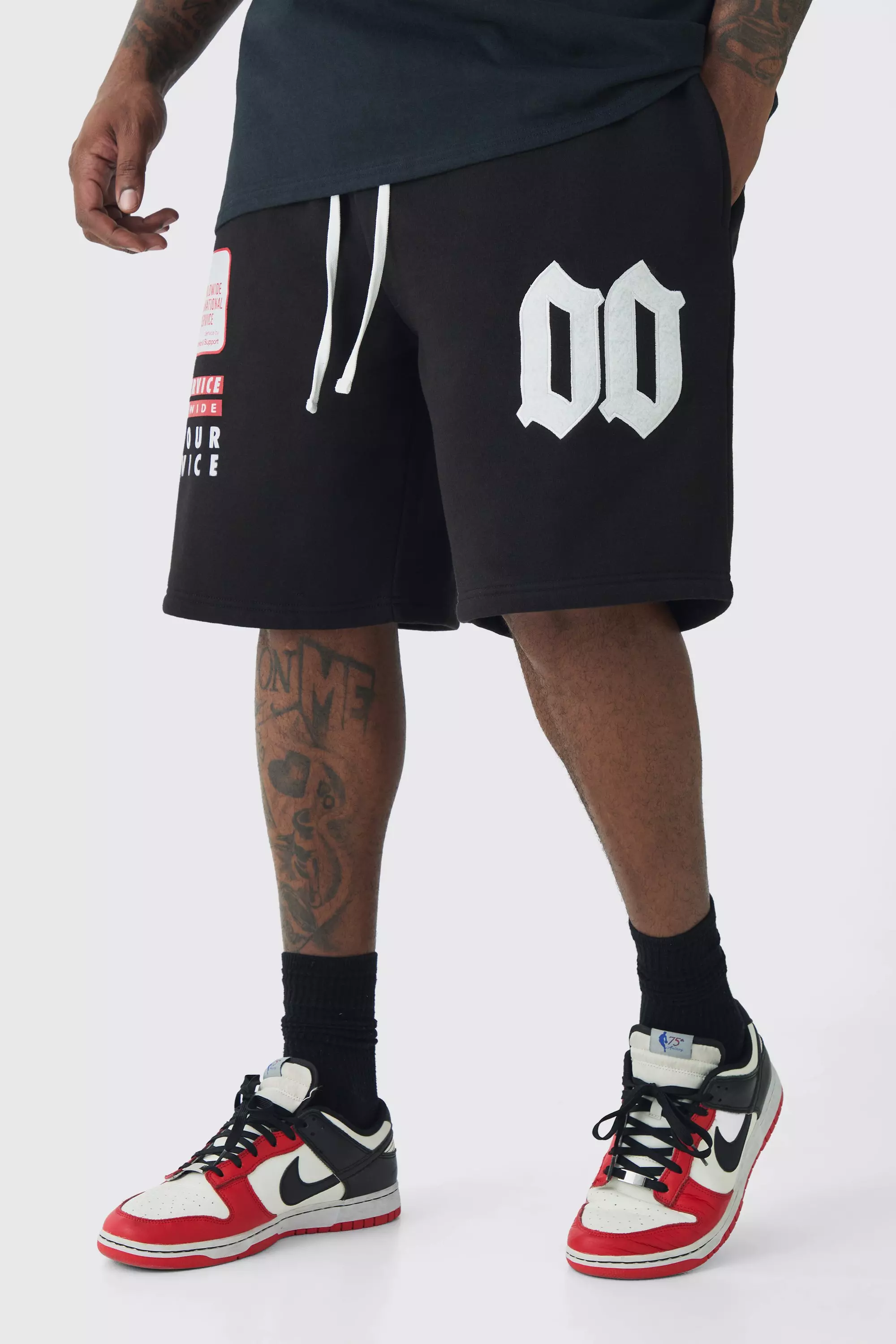 Plus Basketball Washed Applique Moto Printed Shorts Black
