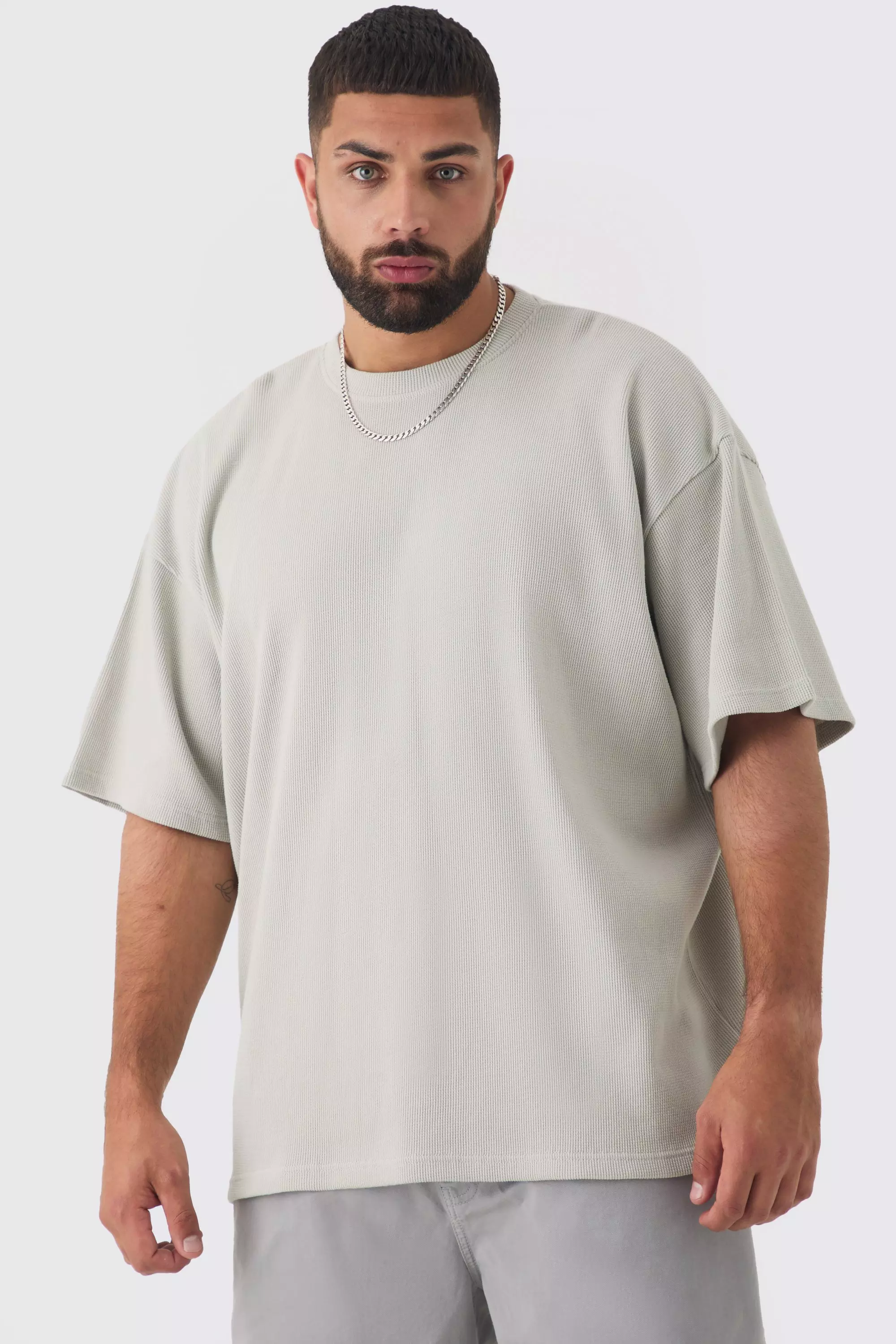 T-Shirt Taglie Forti Oversize Con Trama A Nido D’Ape, Grey immagine alternativa