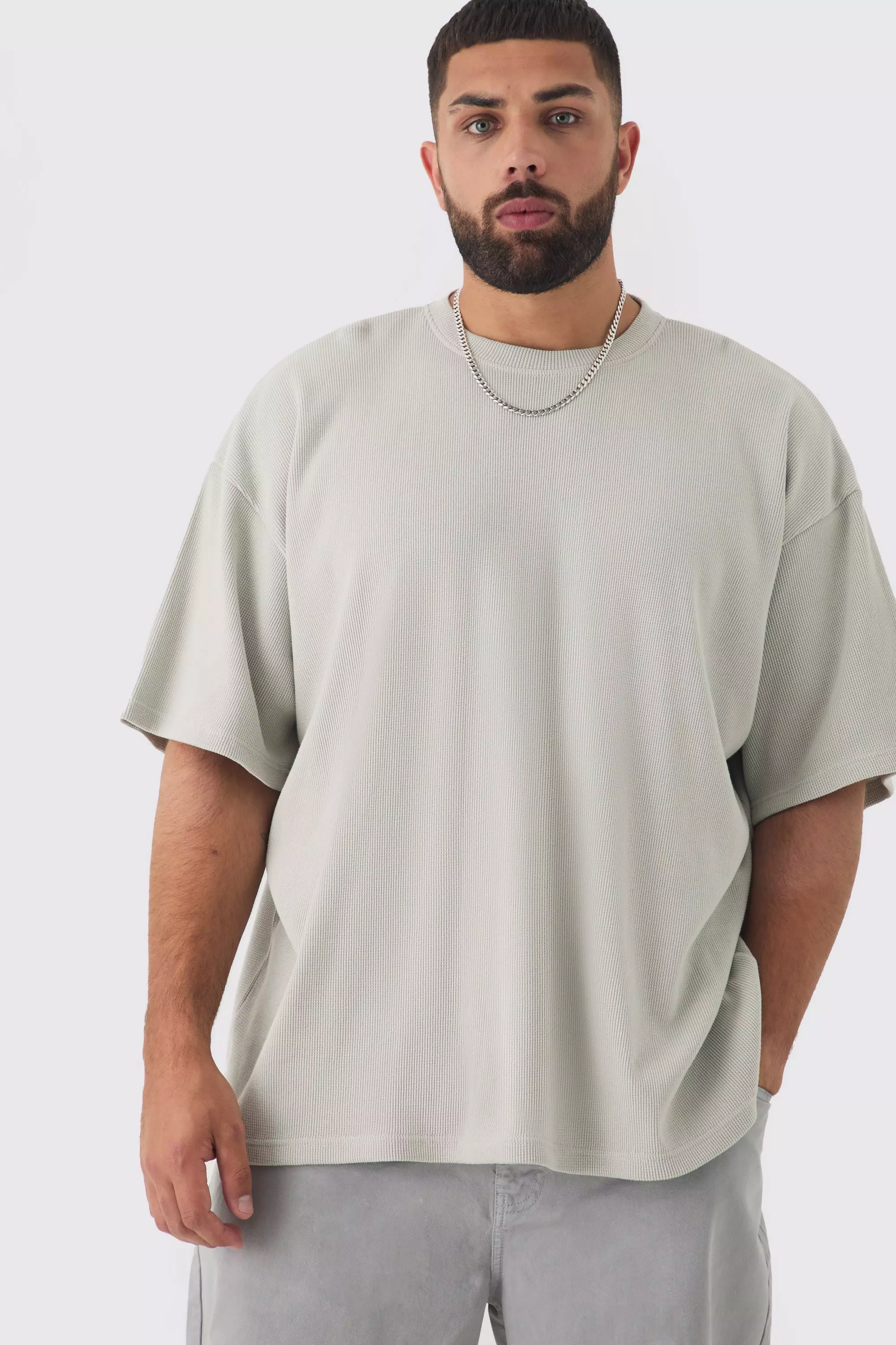 T-Shirt Taglie Forti Oversize Con Trama A Nido D’Ape, Grey immagine alternativa