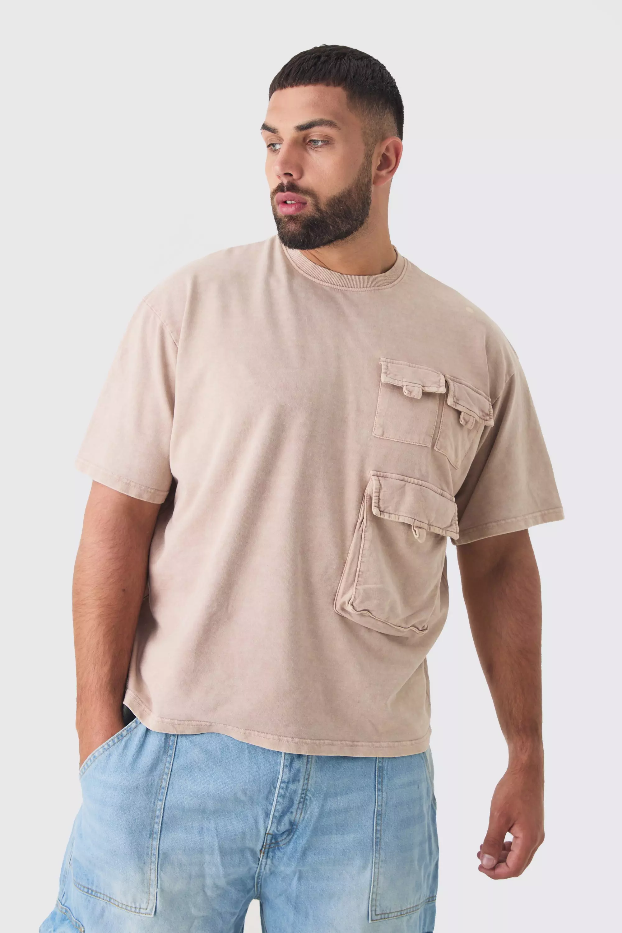 Chocolate Brown Plus Washed Utility Pocket T-shirt