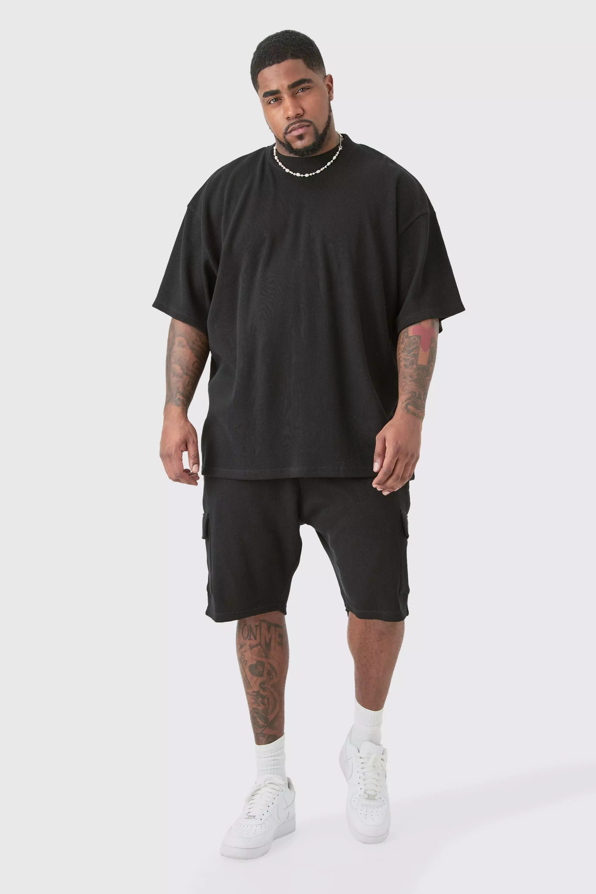 Plus Oversized Waffle T-shirt & Cargo Short Set | boohooMAN USA