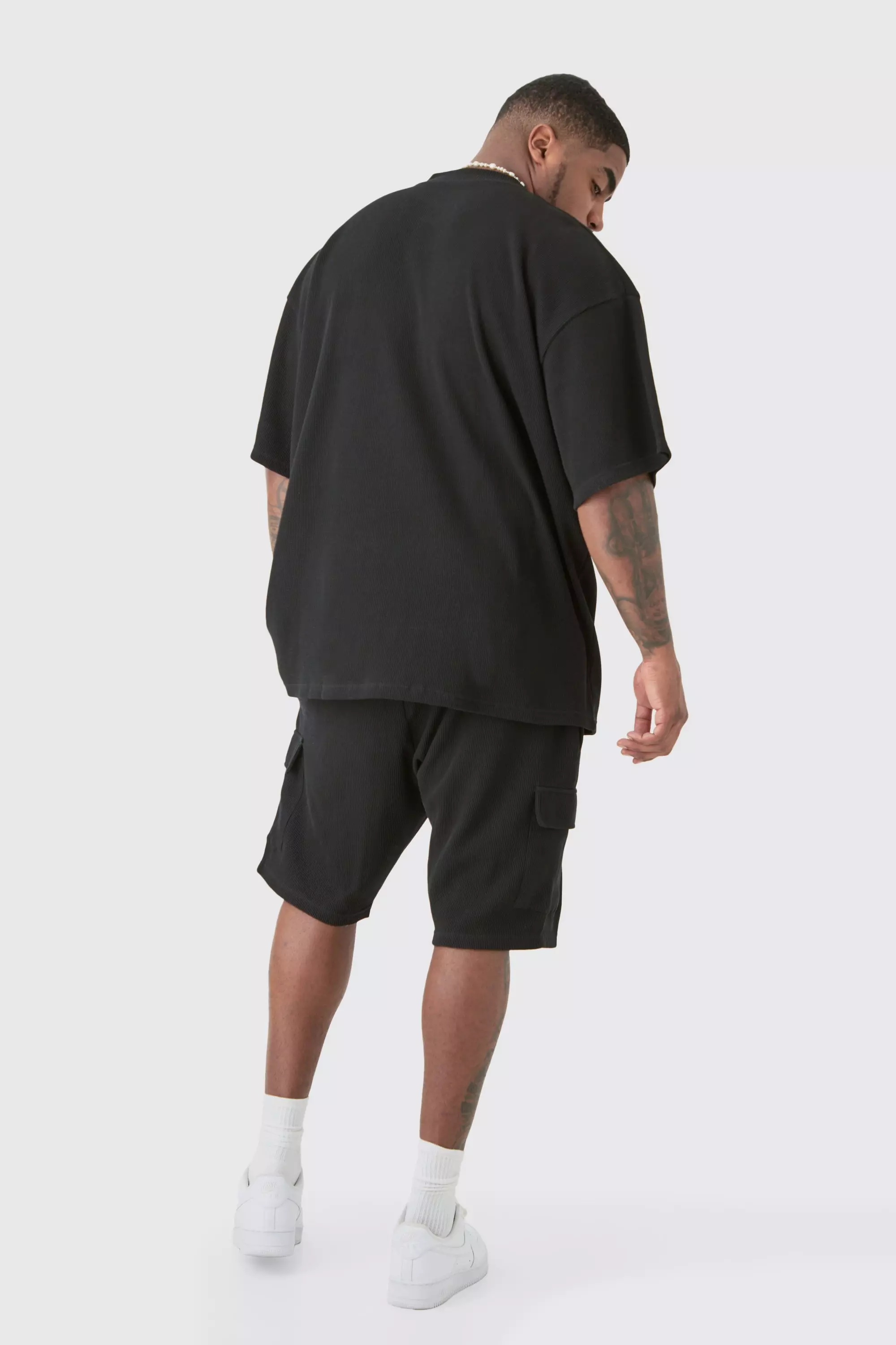 Plus Oversized Waffle T-shirt & Cargo Short Set | boohooMAN USA
