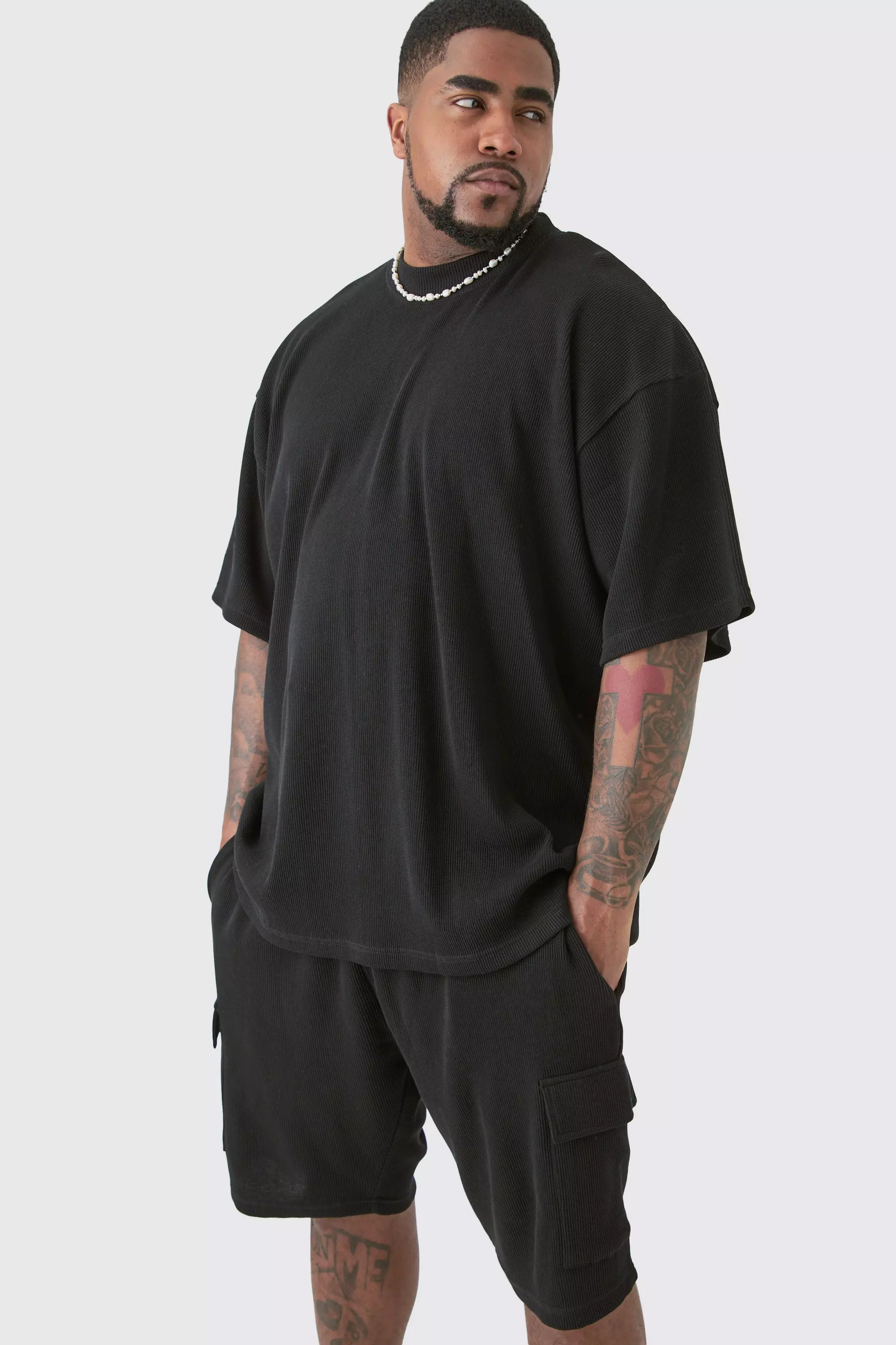 Plus Oversized Waffle T-shirt & Cargo Short Set | boohooMAN USA