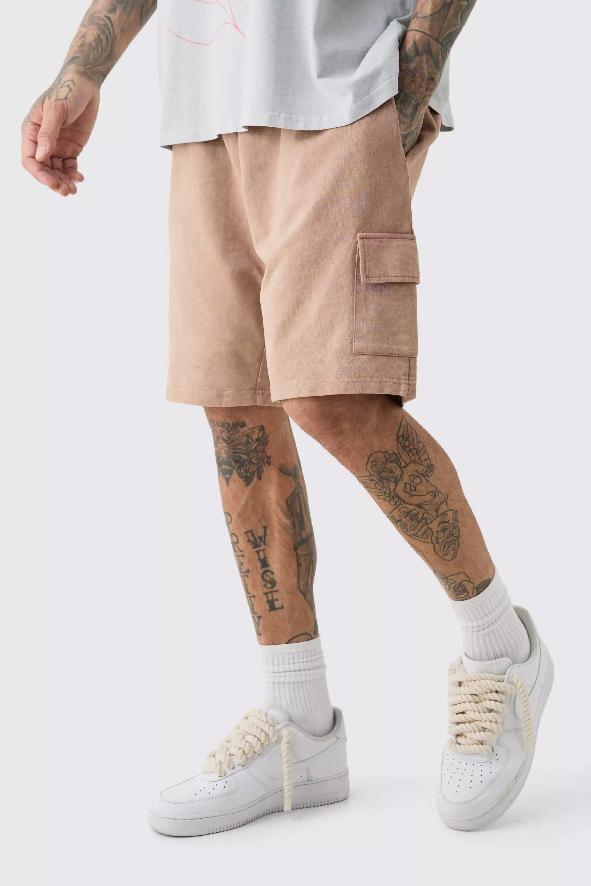 Tall Washed Relaxed Jersey Cargo Shorts Chocolate