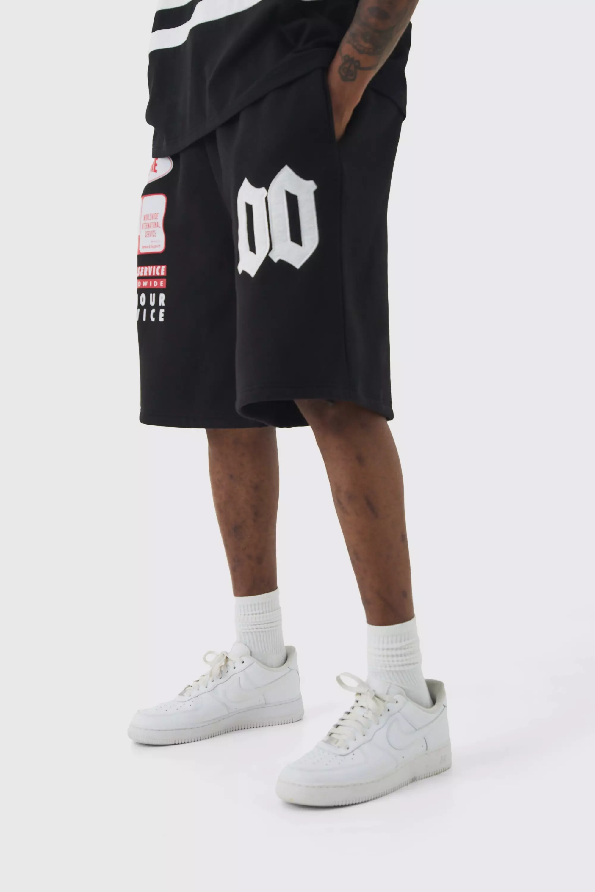 Tall Basketball Washed Applique Moto Printed Shorts Black