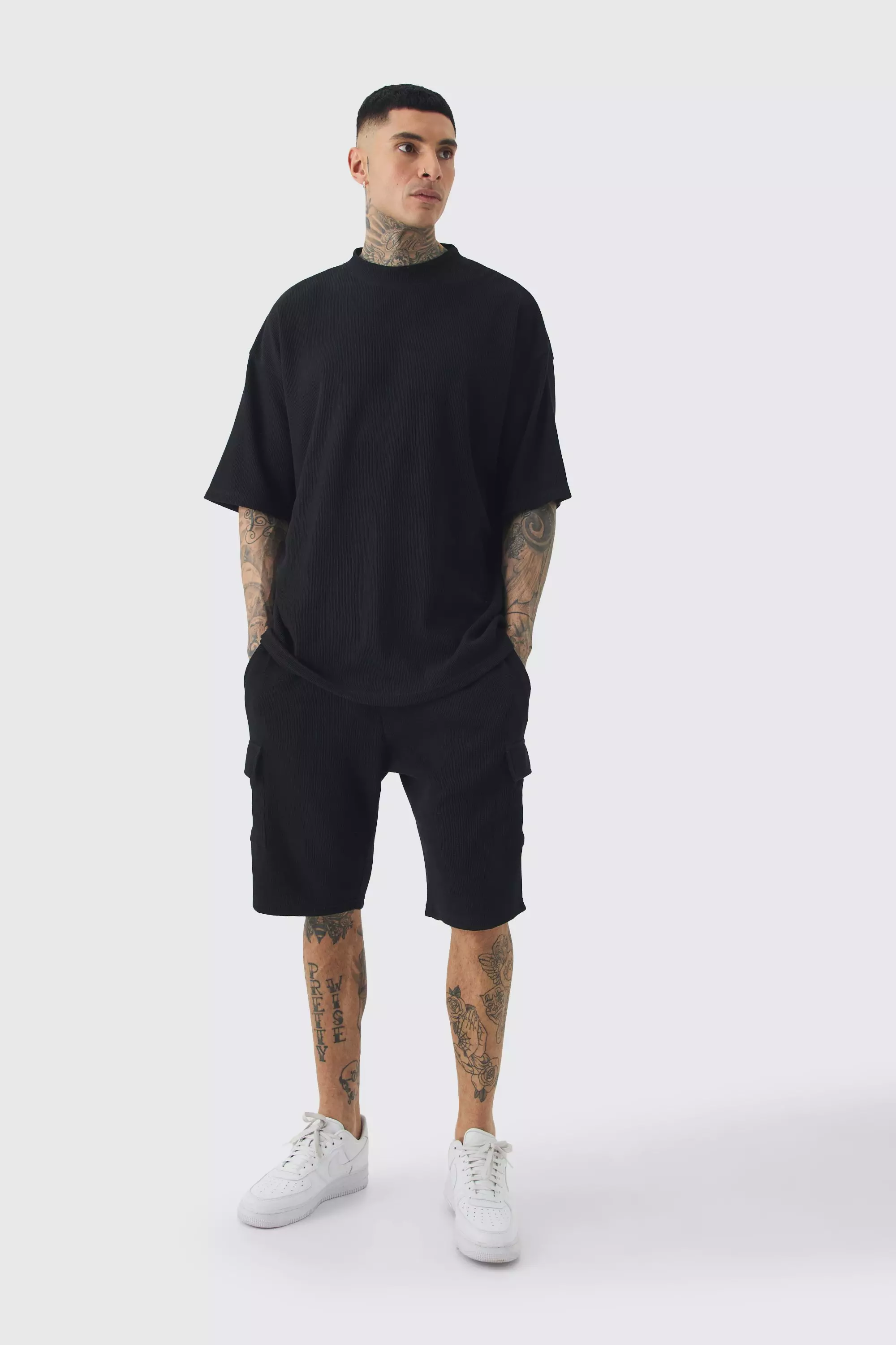 Black Tall Oversized Waffle T-shirt & Cargo Short Set